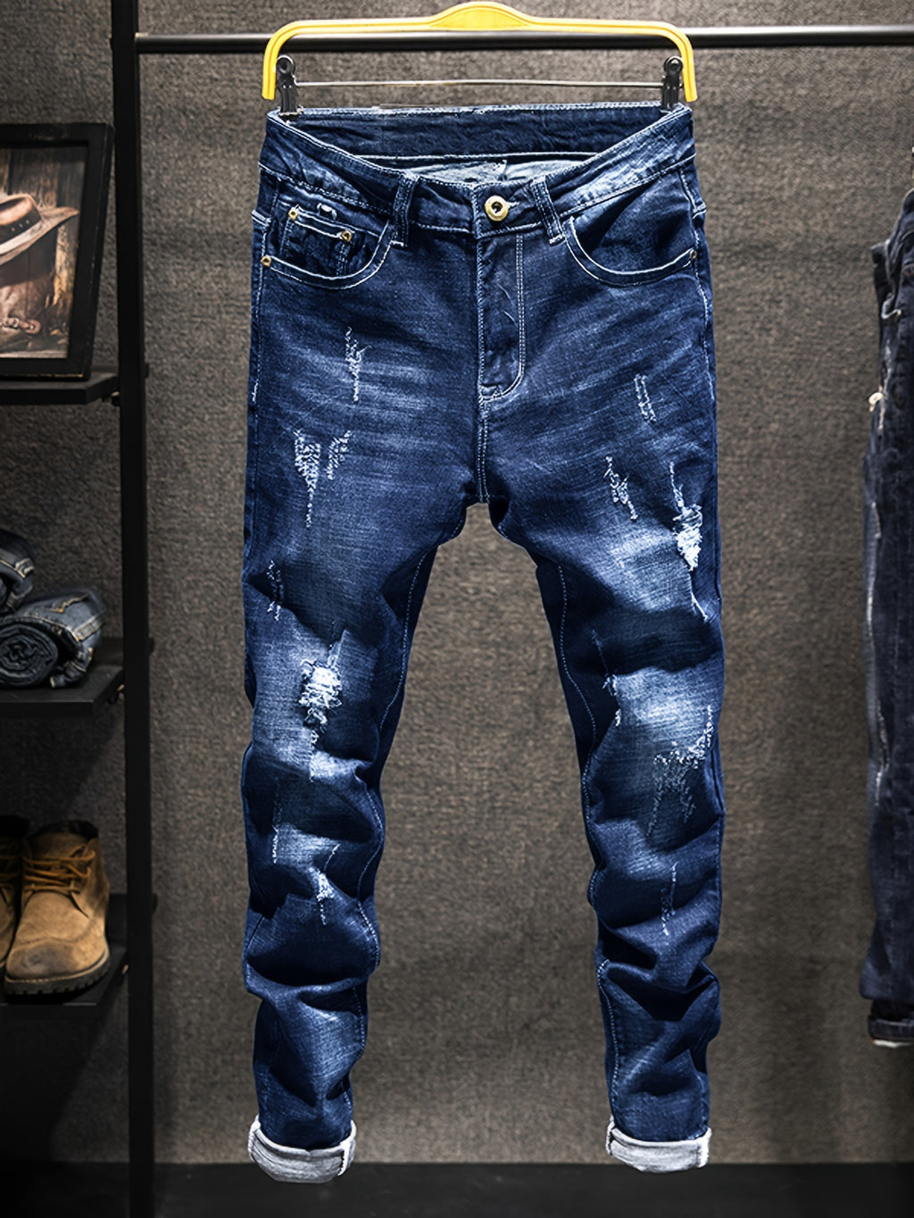 Men's Regular Fit Distressed Ripped Jeans, Fashion Denim Pants For Men, Four-Season Wear