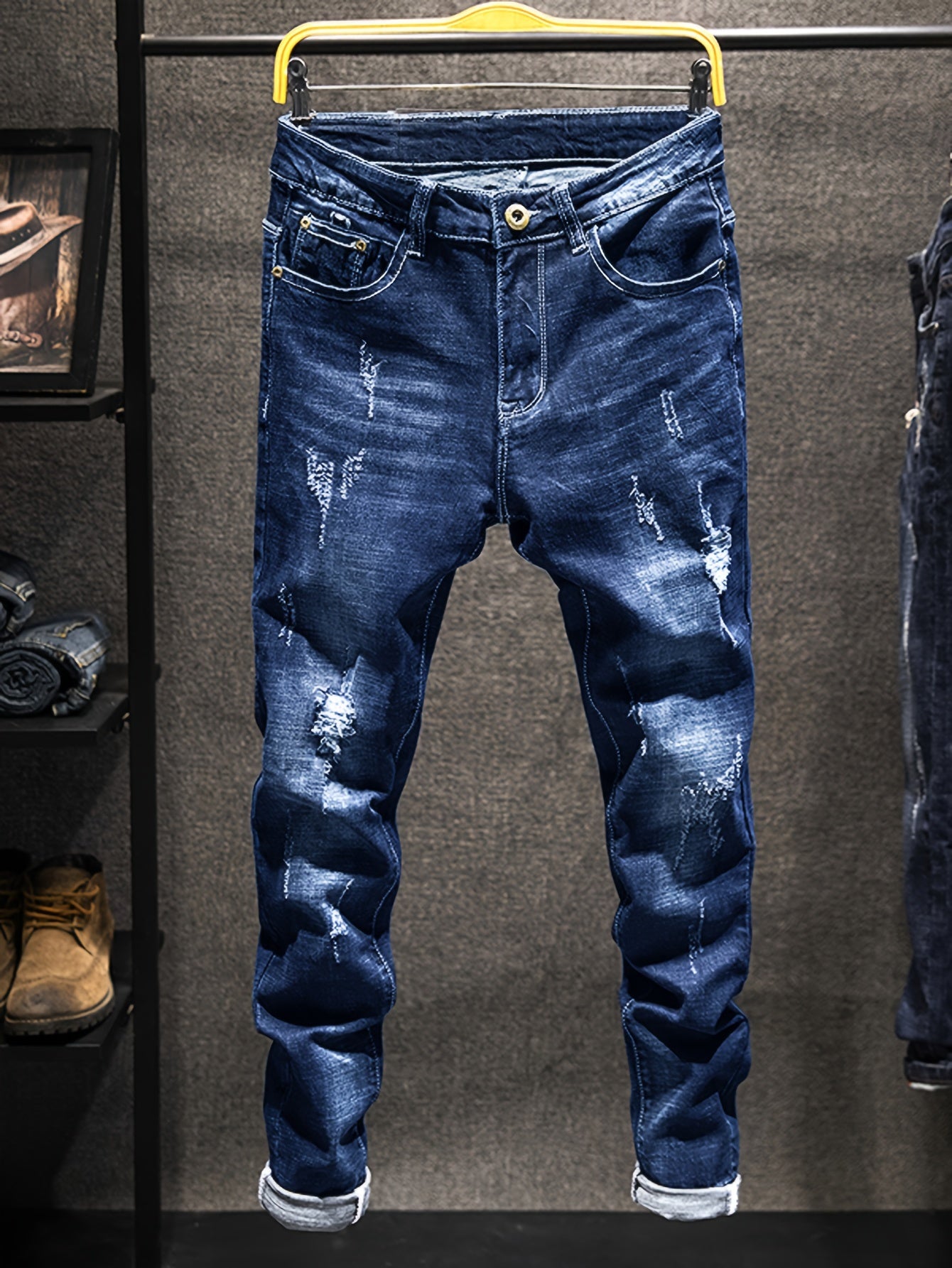 Men's Regular Fit Distressed Ripped Jeans, Fashion Denim Pants For Men, Four-Season Wear