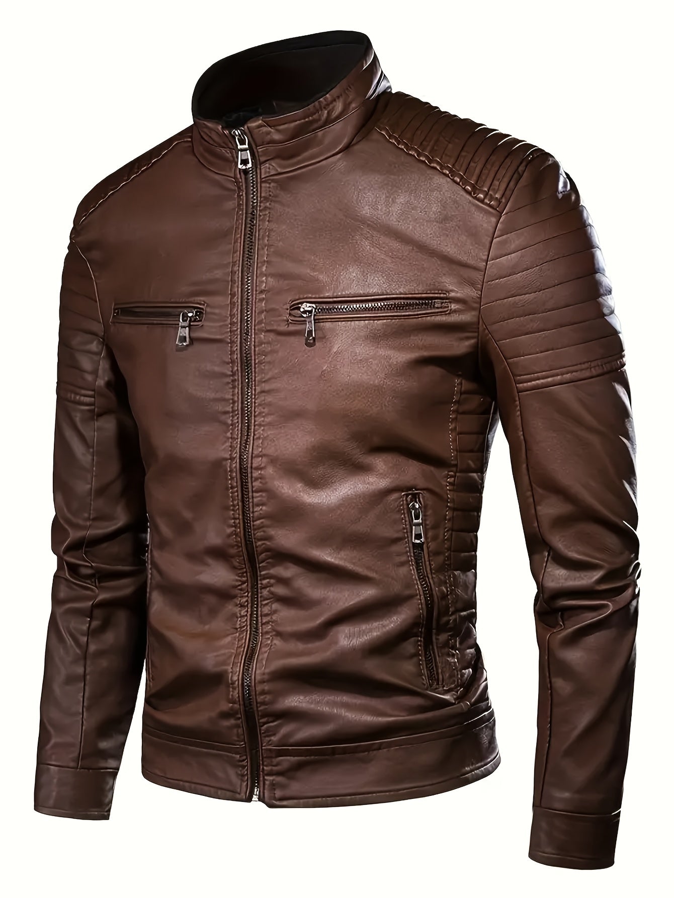 Men'S Punk Style Faux Leather Jacket - Windproof Casual Biker-Inspired Zip-Up with Stand Collar, Full-Zip Front, and Side Pockets for Spring & Fall, Winter Apparel | Stand Collar Jacket | Zipper Closure Jacket