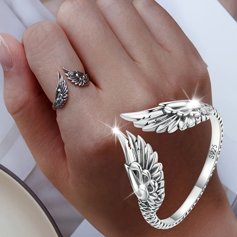 Silver Plated Plated Vintage Fashion Do Old Wing Open Ring Simple Vintage Guardian Feather Finger ring male and female Hip Hop holiday gift about 2.5g