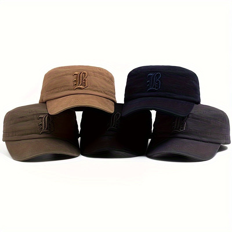 Men'S Embroidered Casual Flat Cap, 100% Polyester, Vintage Style, Solid Color, Soft Fabric, Non-Stretch, with Adjustable for Spring and Autumn