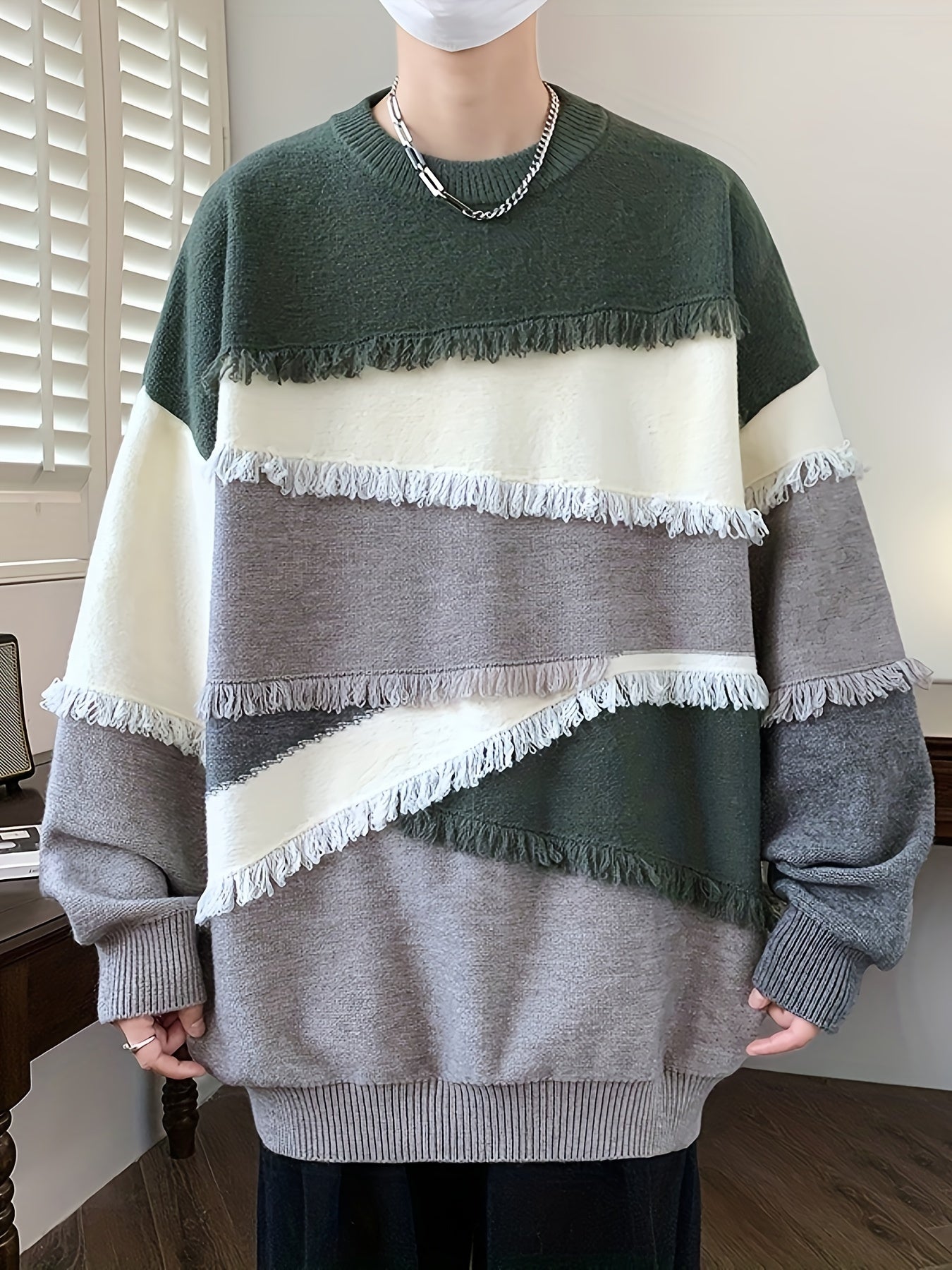 Pullover tricoté effiloché à blocs de couleurs pour hommes, pull décontracté à col rond à manches longues et haute élasticité pour l'automne et l'hiver