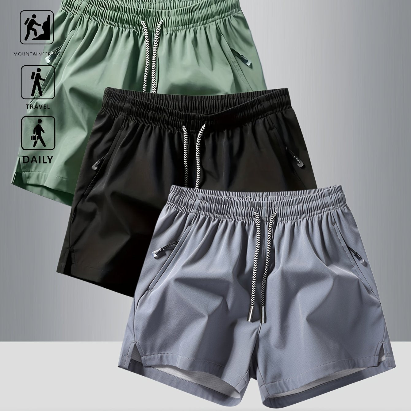 3pcs OBM Men's Moisture-Wicking Lightweight Athletic Shorts with Adjustable Drawstring Waist & Zipper Pocket - Breathable Quick-Dry Gym Running Training Shorts for Summer, Beach, Outdoor Activities (Teal, Burgundy, Navy)