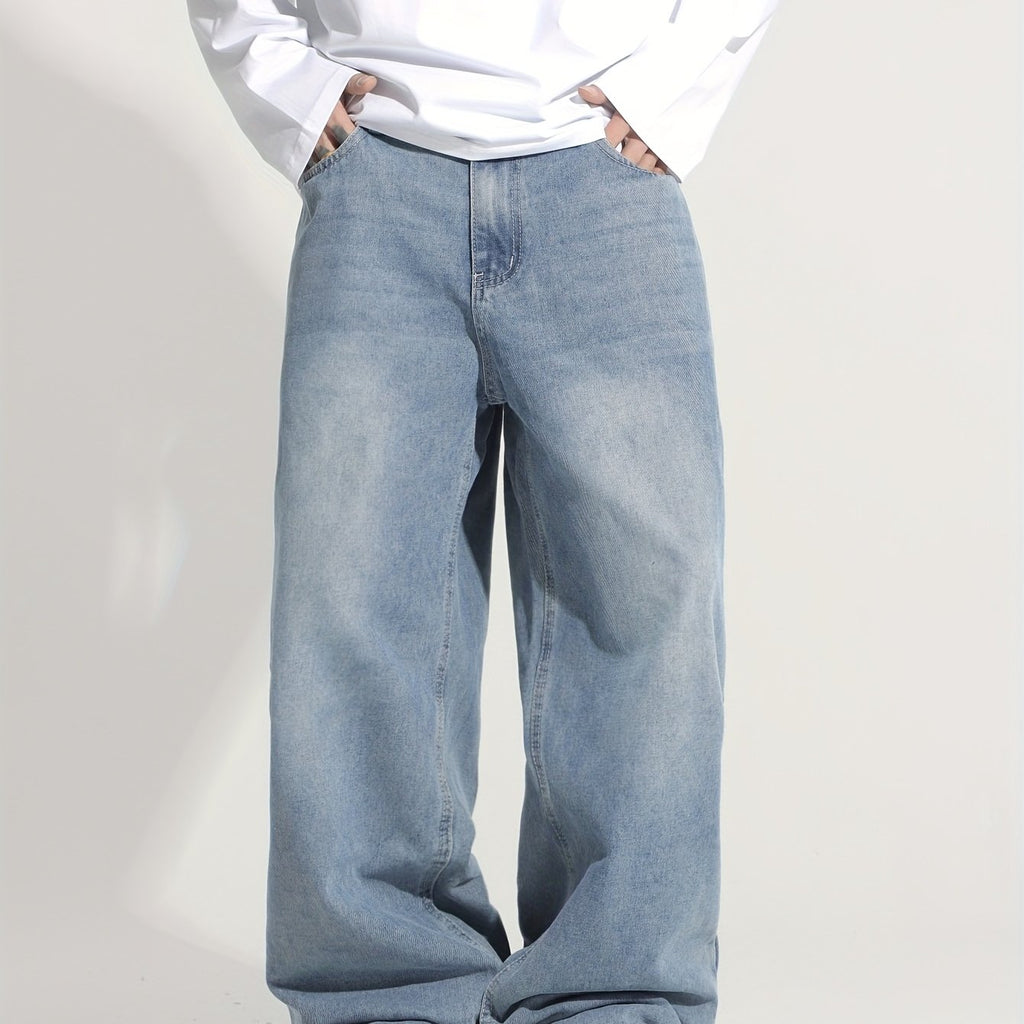 Men's Loose Fit Street Style Denim Jeans - Light Wash, Relaxed Fit, Slant Pockets, No Belt\u002FAccessories, Casual Urban Look, Machine Washable, Allseason Wear