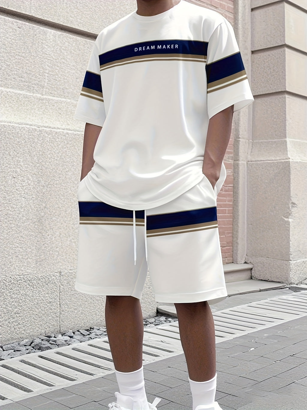 Men'S Athletic T-Shirt & Shorts Set - Navy Blue & White, Drawstring Waist, Sleeveless, Summer Sportswear, Casual Attire|Sporty Look|Comfortable Fi