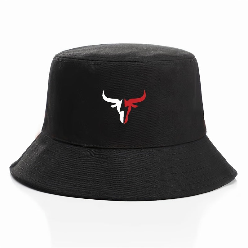 1pc Elegant Cotton Blend Bucket Hat with Bull Logo Print, Reversible Outdoor Casual Cap, Gift for Dad