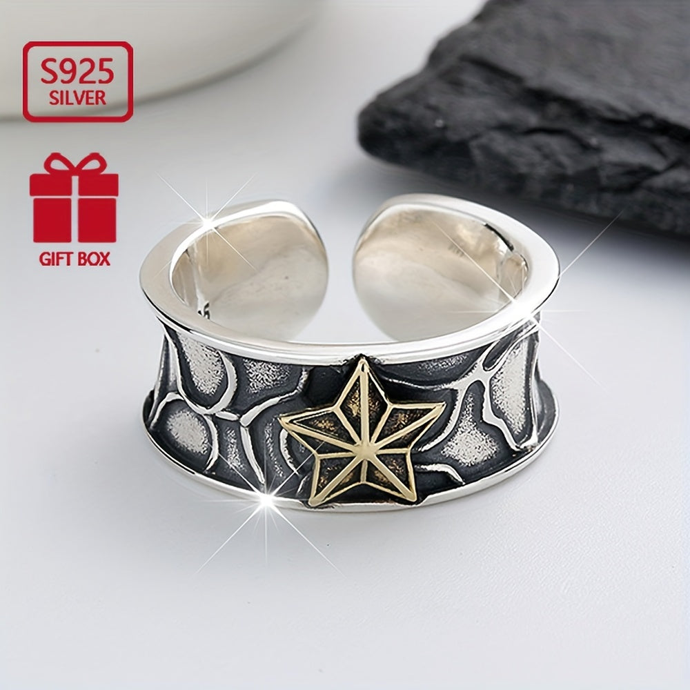 1pc s925 Pure Silver Retro Neutral Water Ripple Set with Copper Stars Thai Silver Ring, Punk Trendy Ring for Men and Women, Suitable for Parties, Approx. 7.4g