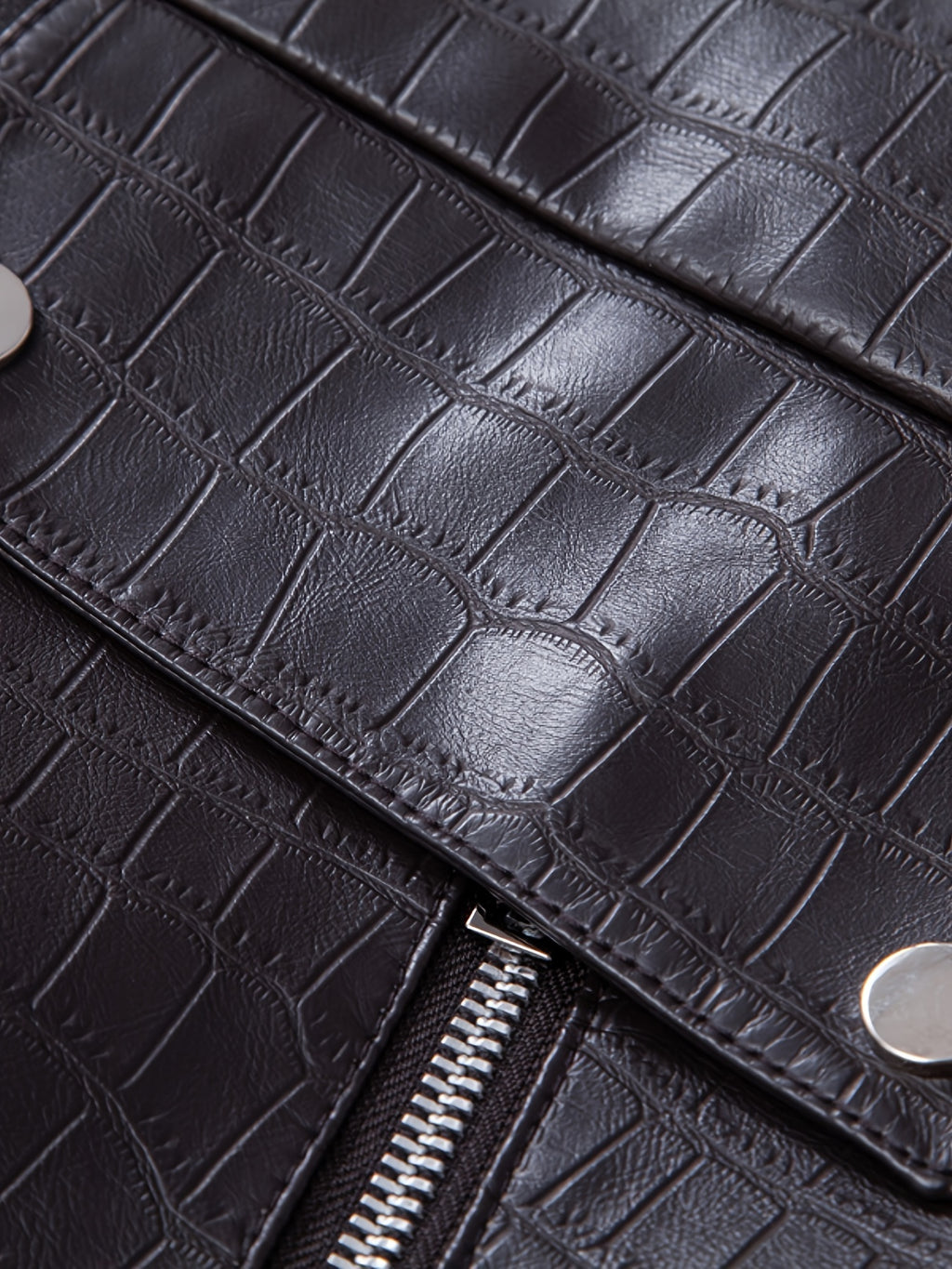 Men's Stylish Black PU Leather Jacket with Zipper Design, Baseball Collar & Crocodile Texture - Perfect for Casual Outings & Outdoor Adventures