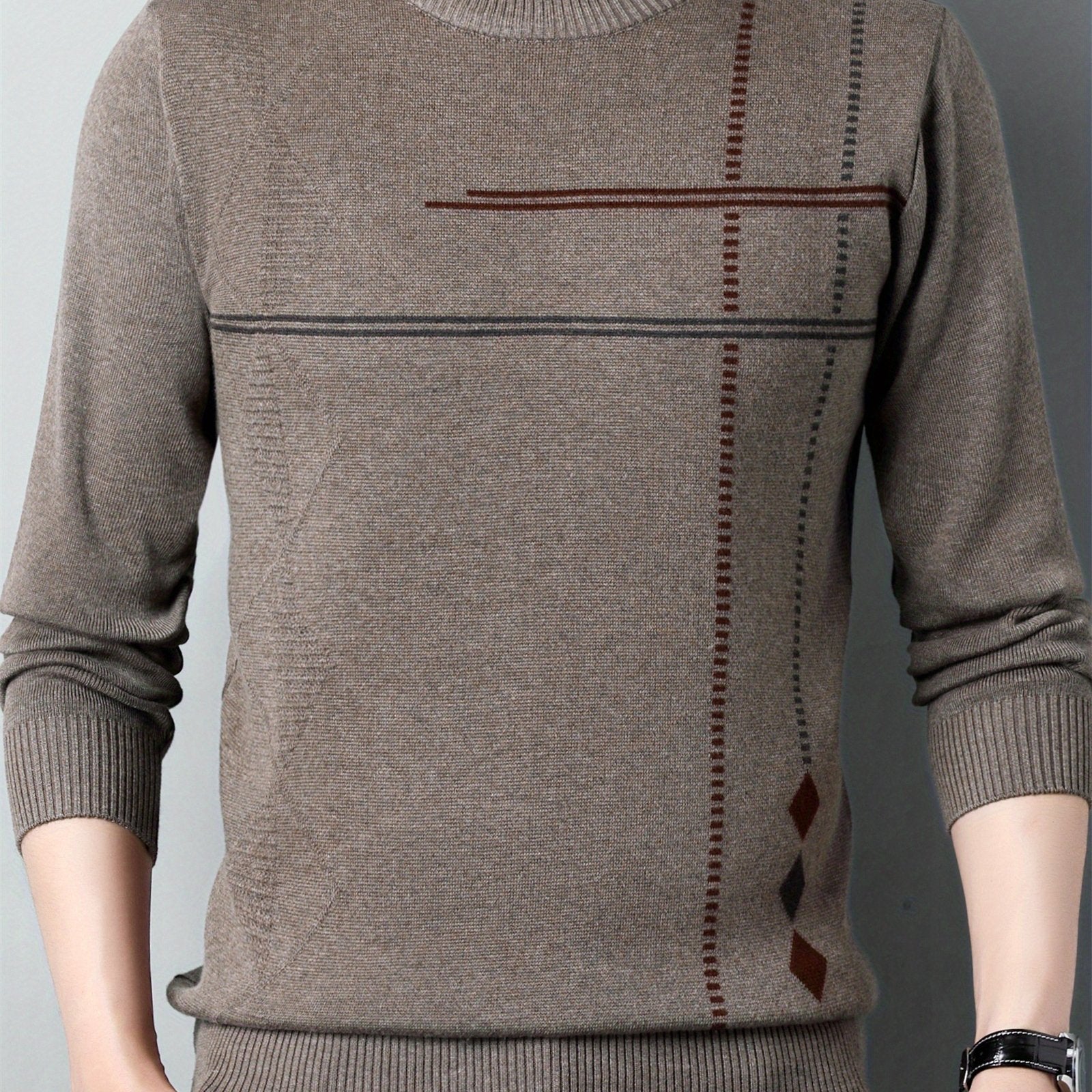 Pull en maille décontracté pour homme col rond 2024 - Taille régulière en polyester avec légère élasticité, motif géométrique pour printemps\u002Fautomne