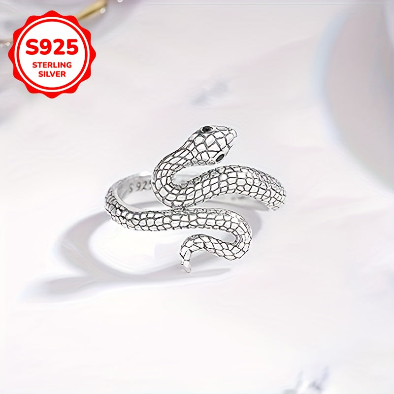 1pc Vintage Punk Style Adjustable Snake Ring for Women and Men, 925 Sterling Silver, Hypoallergenic, 4g, Daily Wear Jewelry