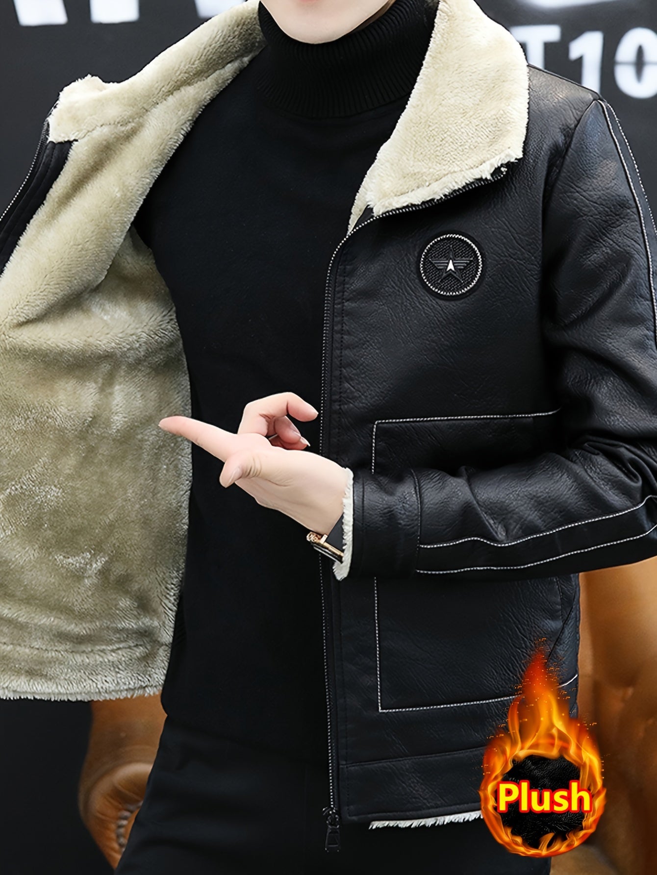 Men'S Faux Leather Jacket, Plush Lined, Zippered Motorcycle Style, Regular Fit, Vintage Look, Polyester Lining, Casual Wear