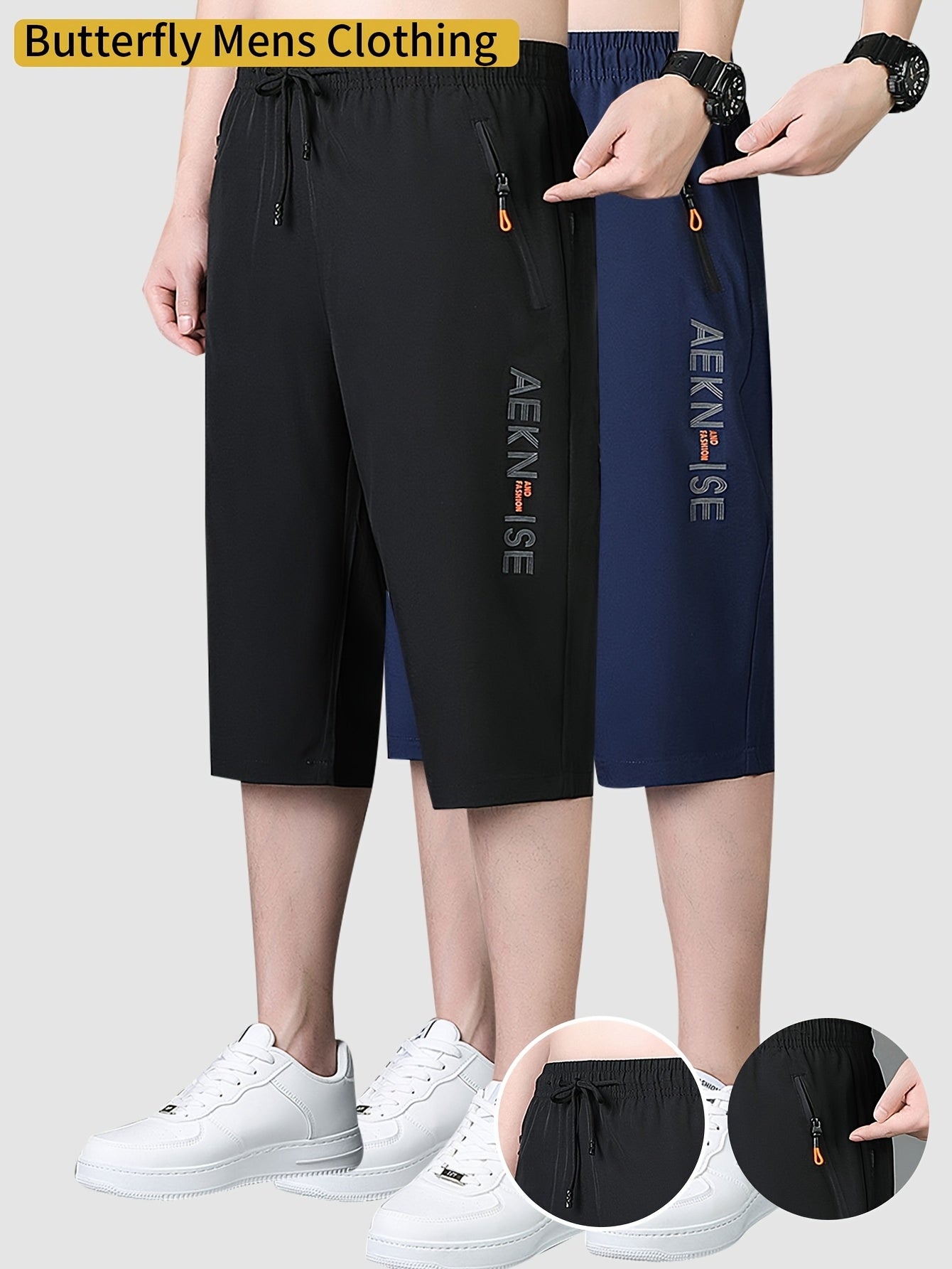 2pcs Men's Mid-Thigh Athletic Shorts with Drawstring & Zipper Pockets - Stylish Letter Print Design, Black & Navy Blue, Perfect for Gym, Casual Wear, Yoga, and Outdoor Activities, Modern Sports Apparel | Durable Sportswear