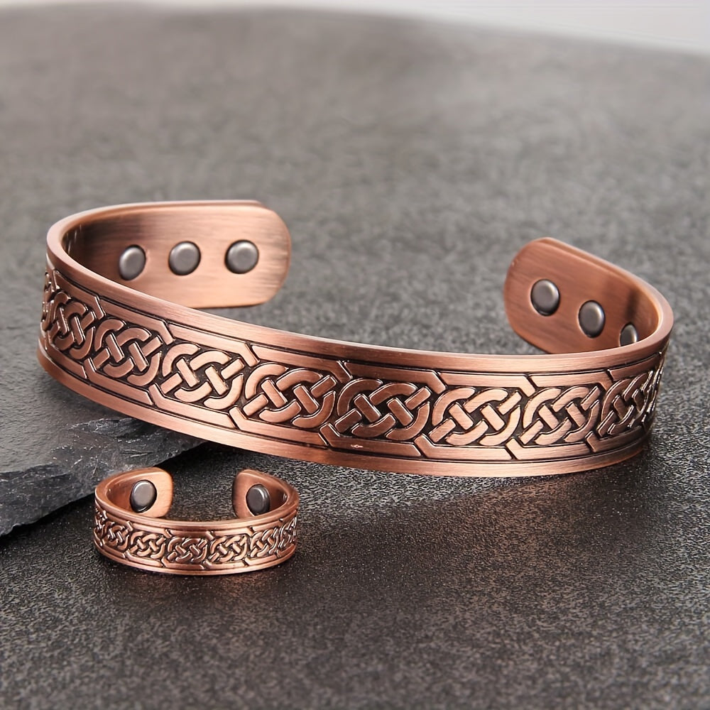 2Pcs Magnetic Copper Bracelet and Ring Set for Men, Adjustable Celtic Design, Natural Anti-Inflammatory Jewelry, Ideal for Christmas Gifts