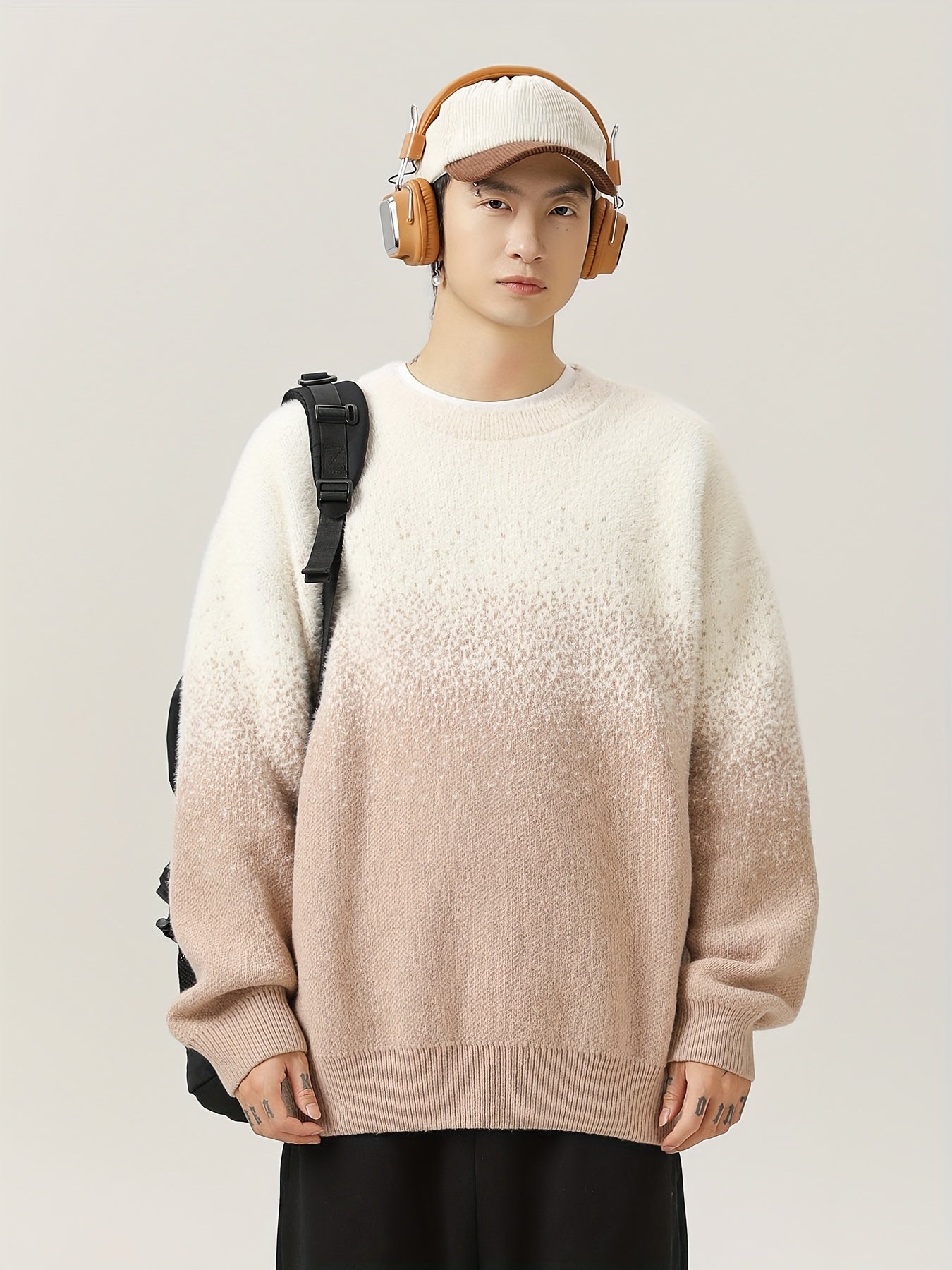 Pull à col rond dégradé casual pour homme - Tissu tricoté 100% polyester avec légère élasticité, modèle décontracté pour l'automne\u002Fhiver - Chaleureux style de rue japonais gradient