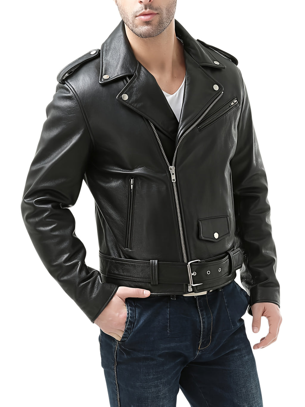 Men'S Fitted Motorcycle-Style PU Faux Leather Jacket
