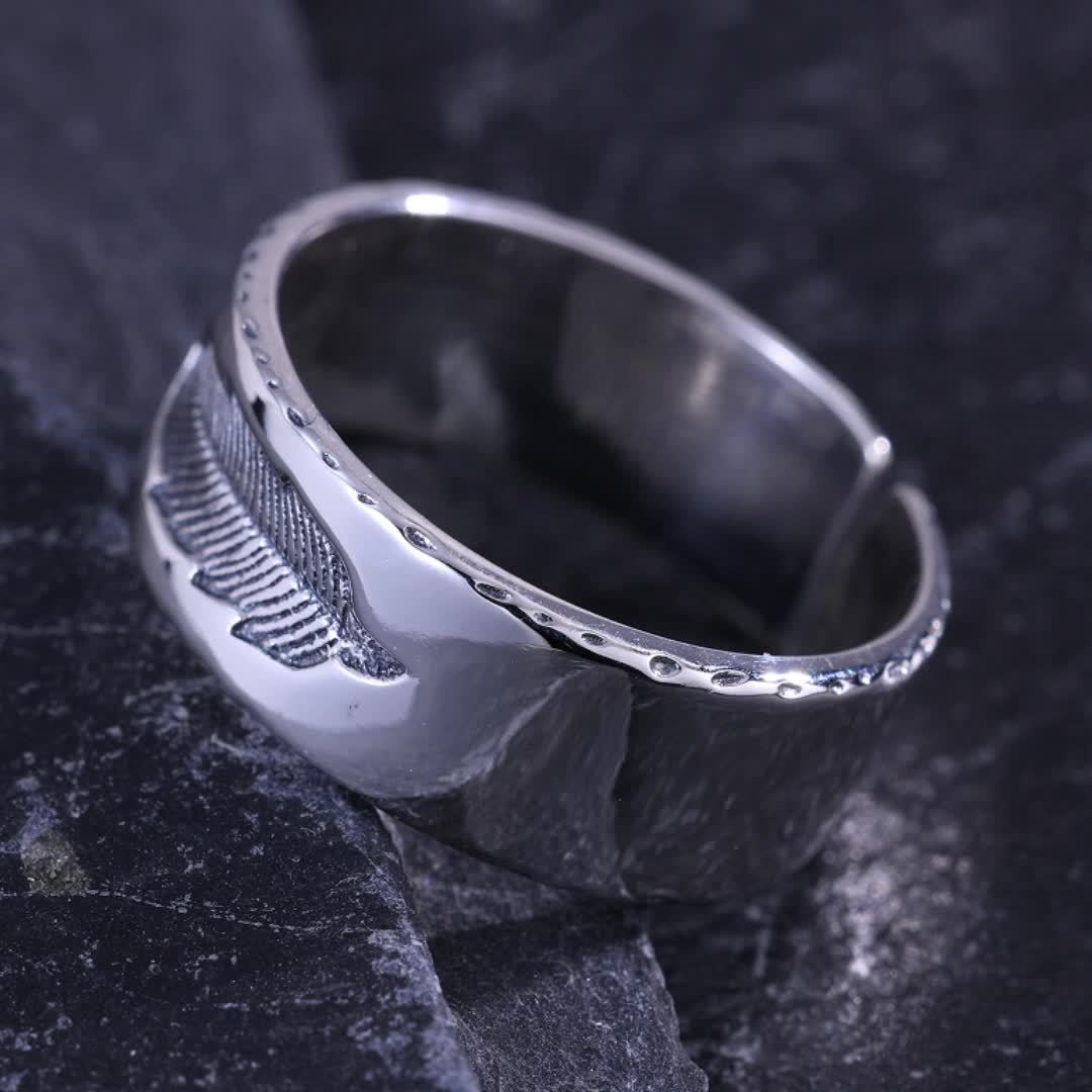 1PCS925 Sterling Silver Low Sensitivity Wide Edition Heavy Work Texture Feather Imprint Open Ring Hip Hop Retro Style For Rock Party Bundy Men's Women's Universal Couple Ring (about 5.6g)