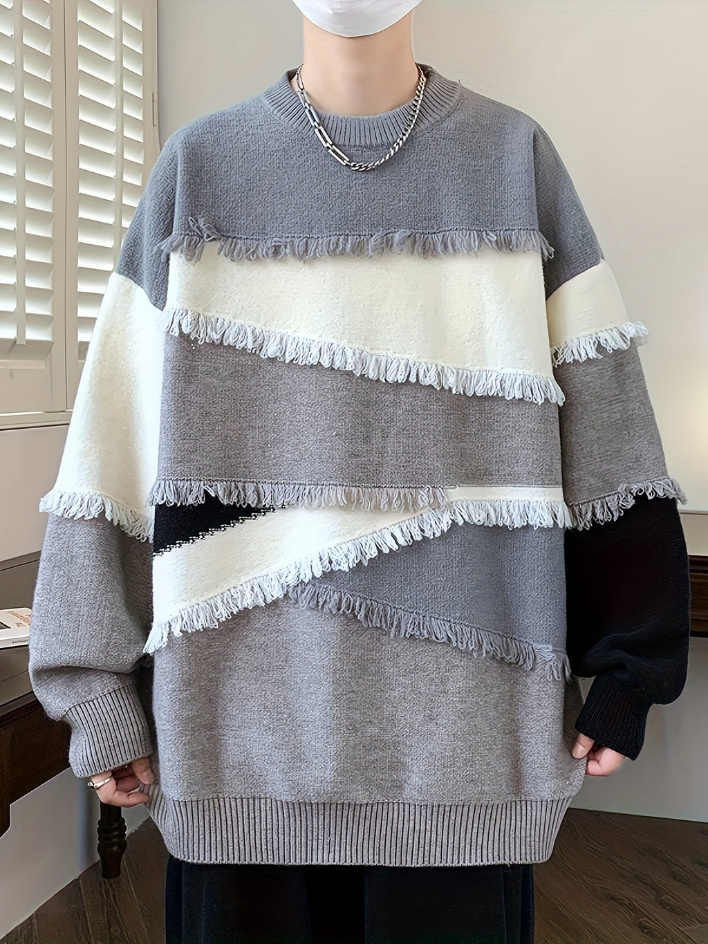 Pullover tricoté effiloché à blocs de couleurs pour hommes, pull décontracté à col rond à manches longues et haute élasticité pour l'automne et l'hiver