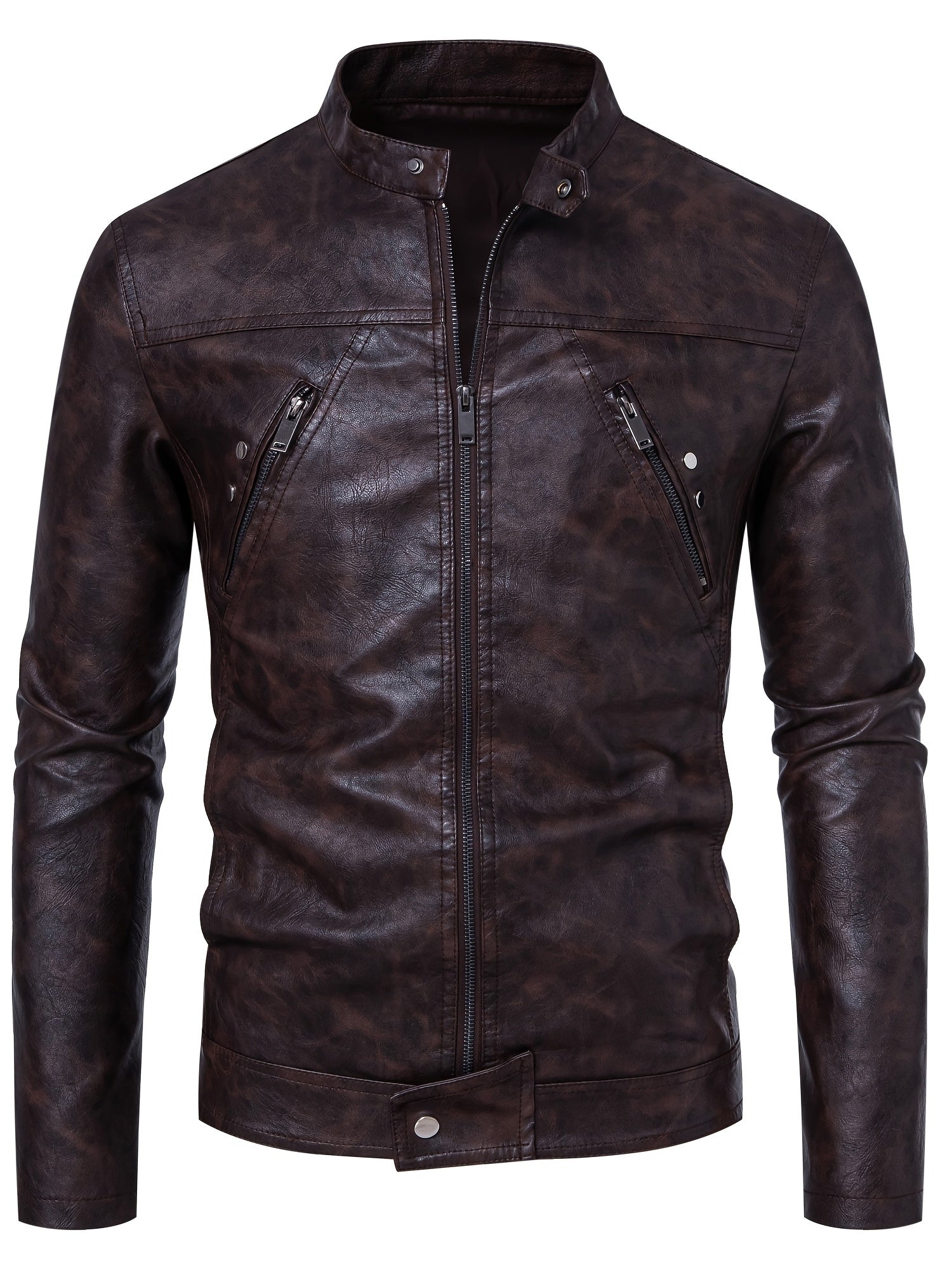 Men'S Casual Stand Collar Zipper Faux Leather Jacket, Fashion Motorcycle Style, Suitable for Street Outdoor And Riding Wear