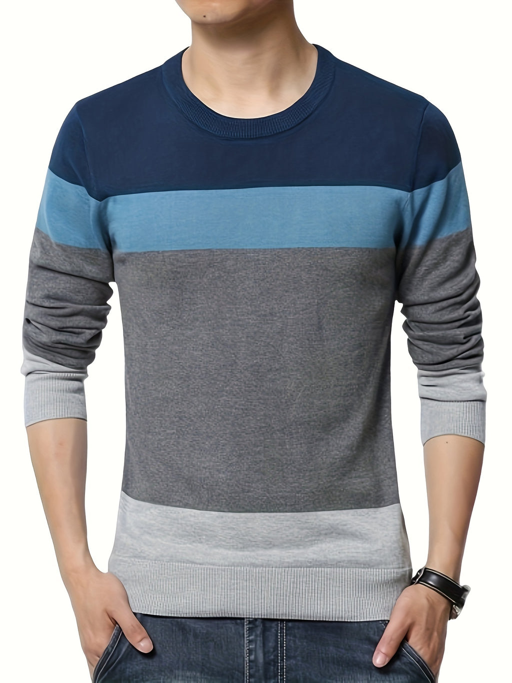 Pullover tricoté en coton 100 % pour homme, col rond ajusté à manches longues décontracté pour l'automne et l'hiver