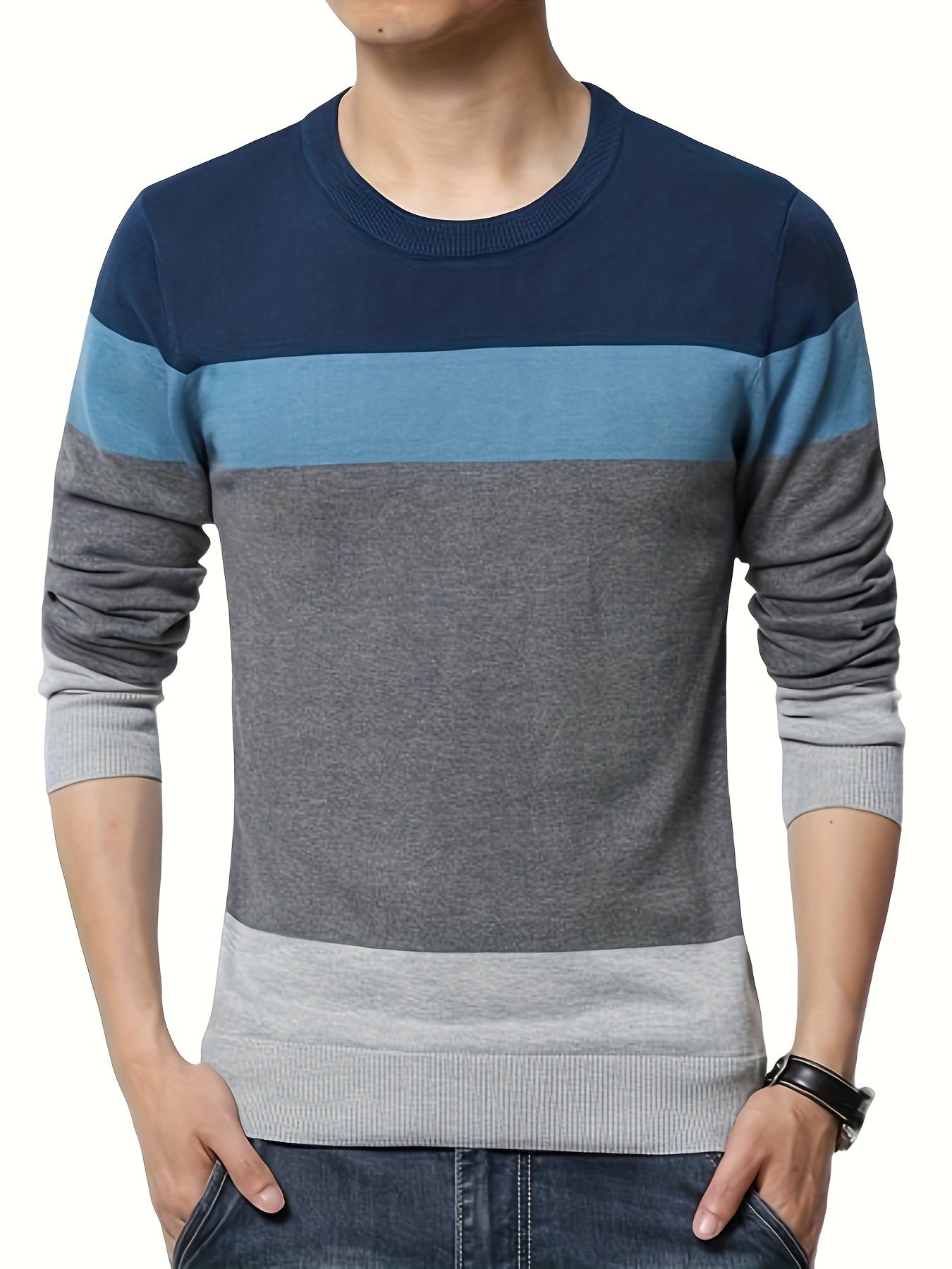 Pullover tricoté en coton 100 % pour homme, col rond ajusté à manches longues décontracté pour l'automne et l'hiver