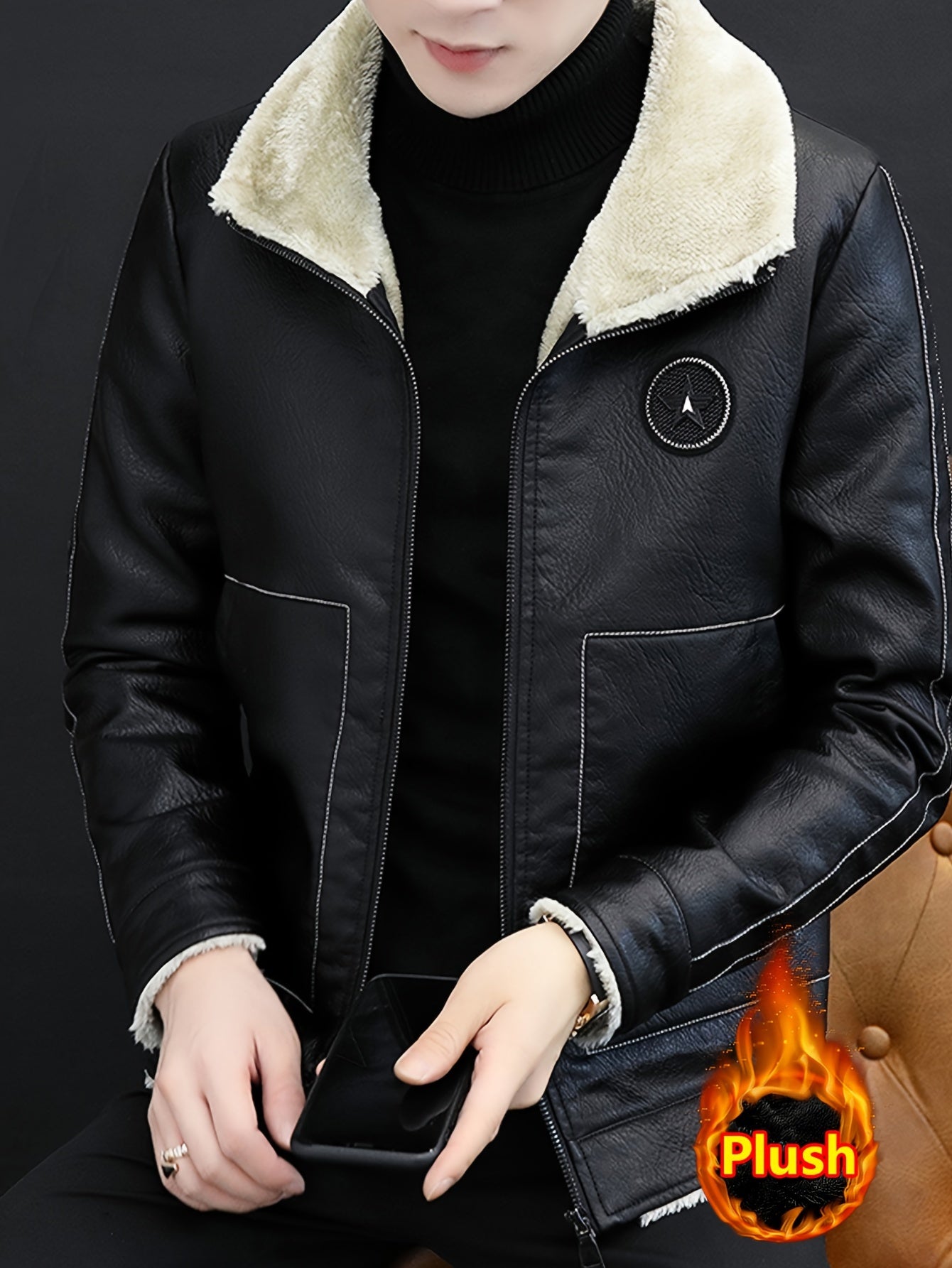 Men'S Faux Leather Jacket, Plush Lined, Zippered Motorcycle Style, Regular Fit, Vintage Look, Polyester Lining, Casual Wear