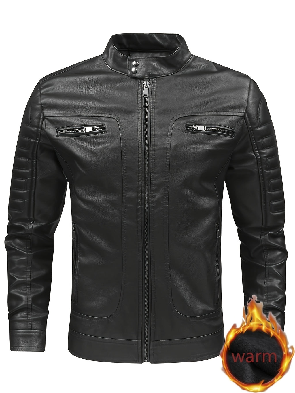 Men's Slim Fit PU Leather Jacket - Black, Double Zipper, Stand Collar, Warm Lined, Casual Style, Machine Washable, Everyday Jacket | Modern PU Leather Jacket | Durable PU Leather Look