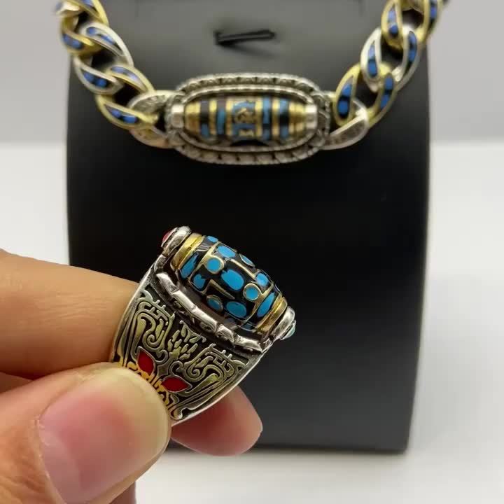 2pcs Six-Character Mantra Nine-Eye Dzi Bracelet Ring, Men'S Fortune, Gift