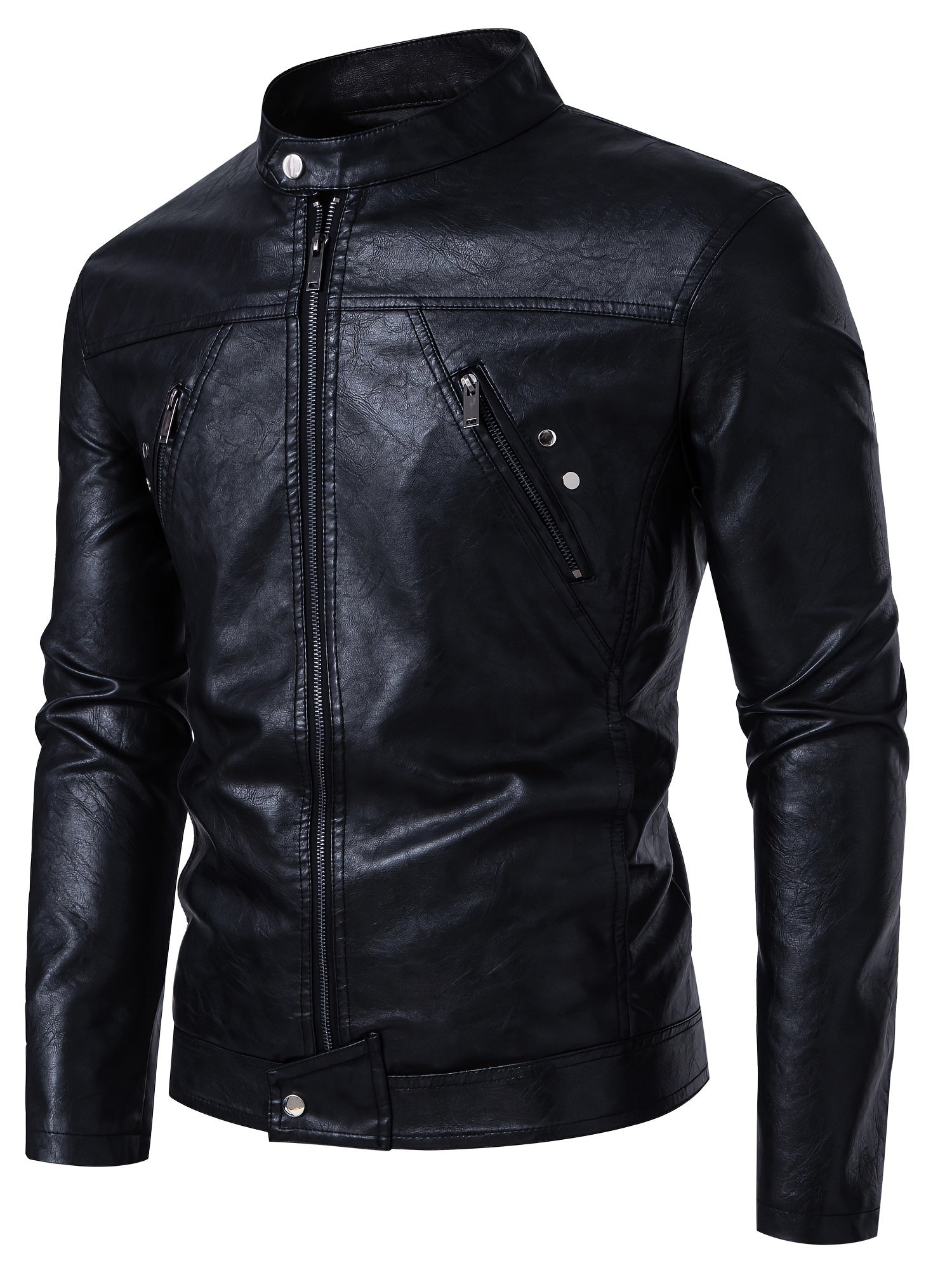 Men'S Casual Stand Collar Zipper Faux Leather Jacket, Fashion Motorcycle Style, Suitable for Street Outdoor And Riding Wear