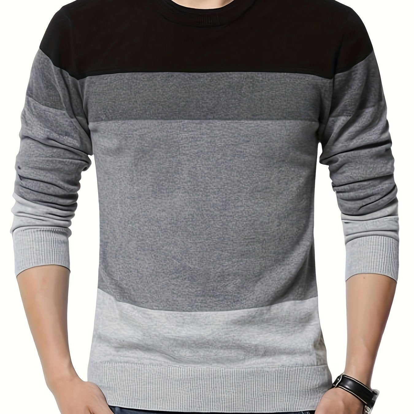 Pullover tricoté en coton 100 % pour homme, col rond ajusté à manches longues décontracté pour l'automne et l'hiver