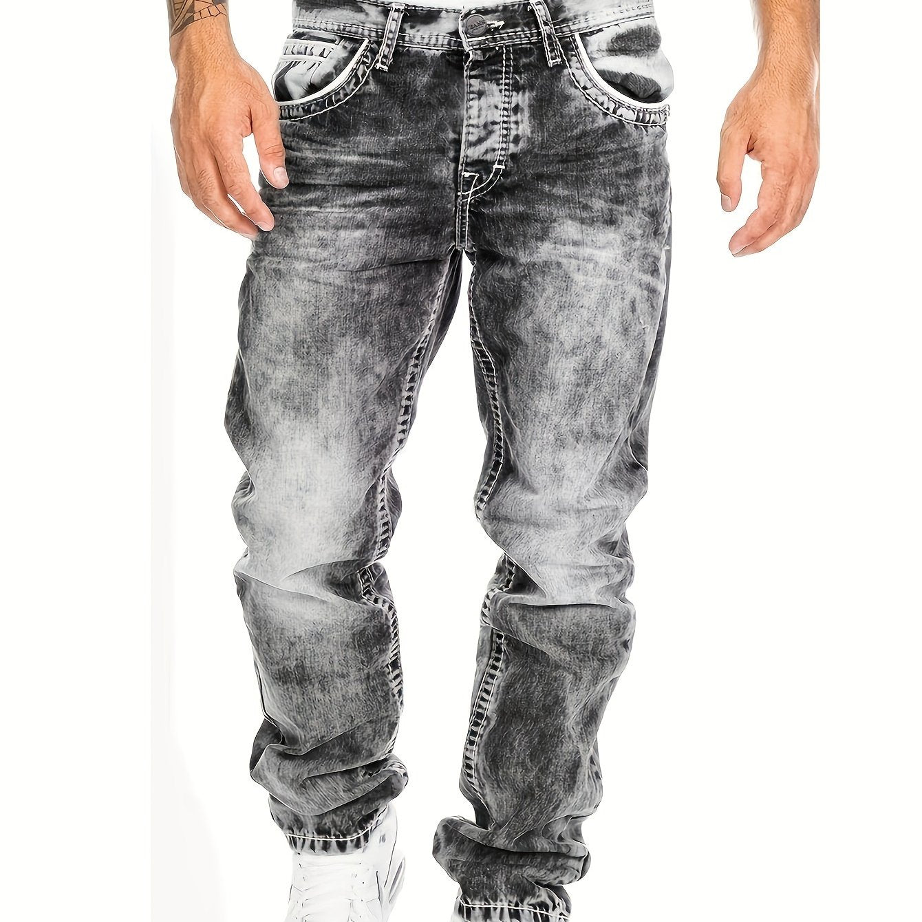 Men's Slim-Fit Straight-Leg Distressed American Snowflake Jeans - Streetwear Style Blue Denim Pants with Vintage Wash, All-Season Casual Wear, Everyday Fashion | Durable Fabric