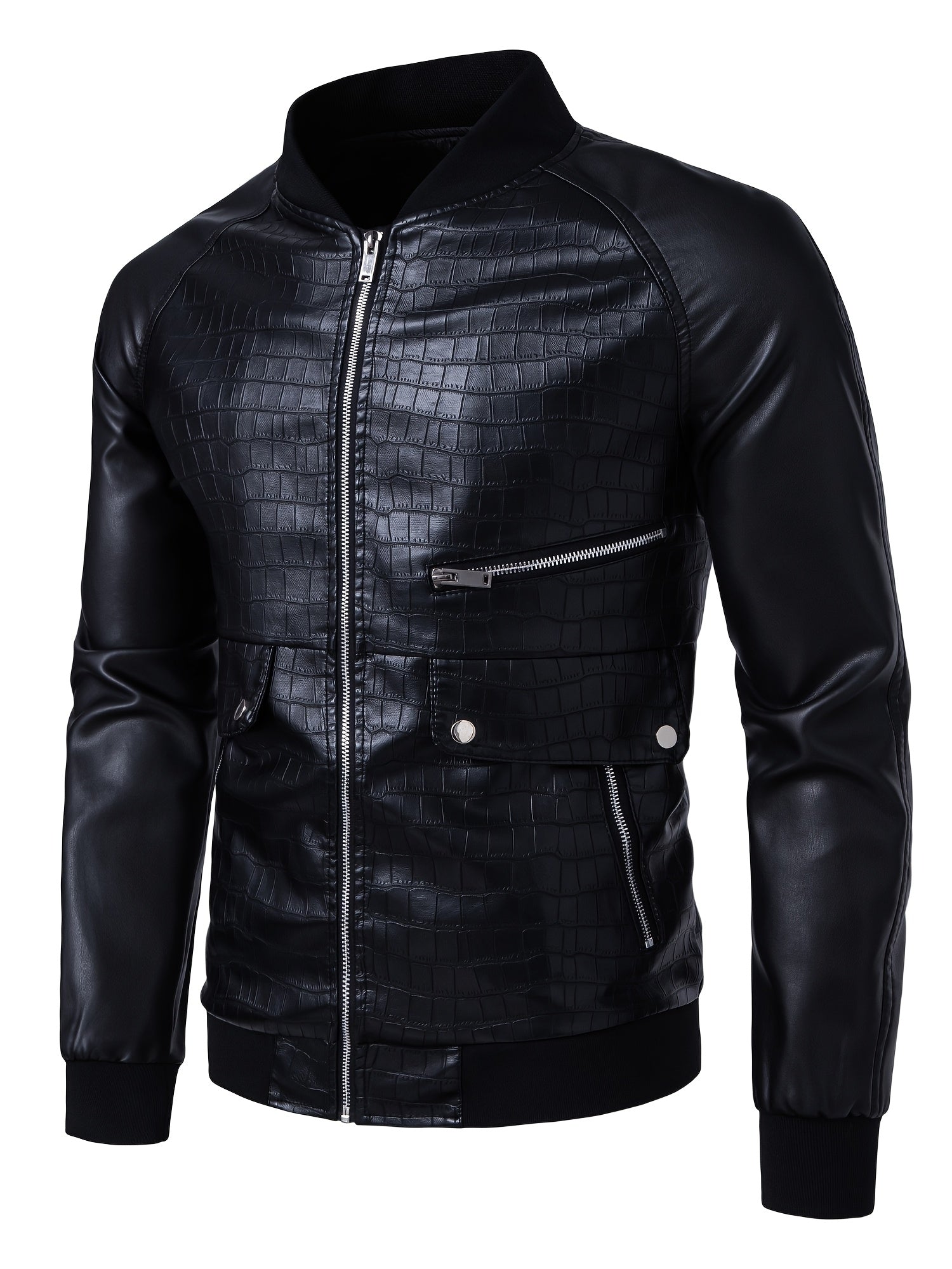 Men's Stylish Black PU Leather Jacket with Zipper Design, Baseball Collar & Crocodile Texture - Perfect for Casual Outings & Outdoor Adventures