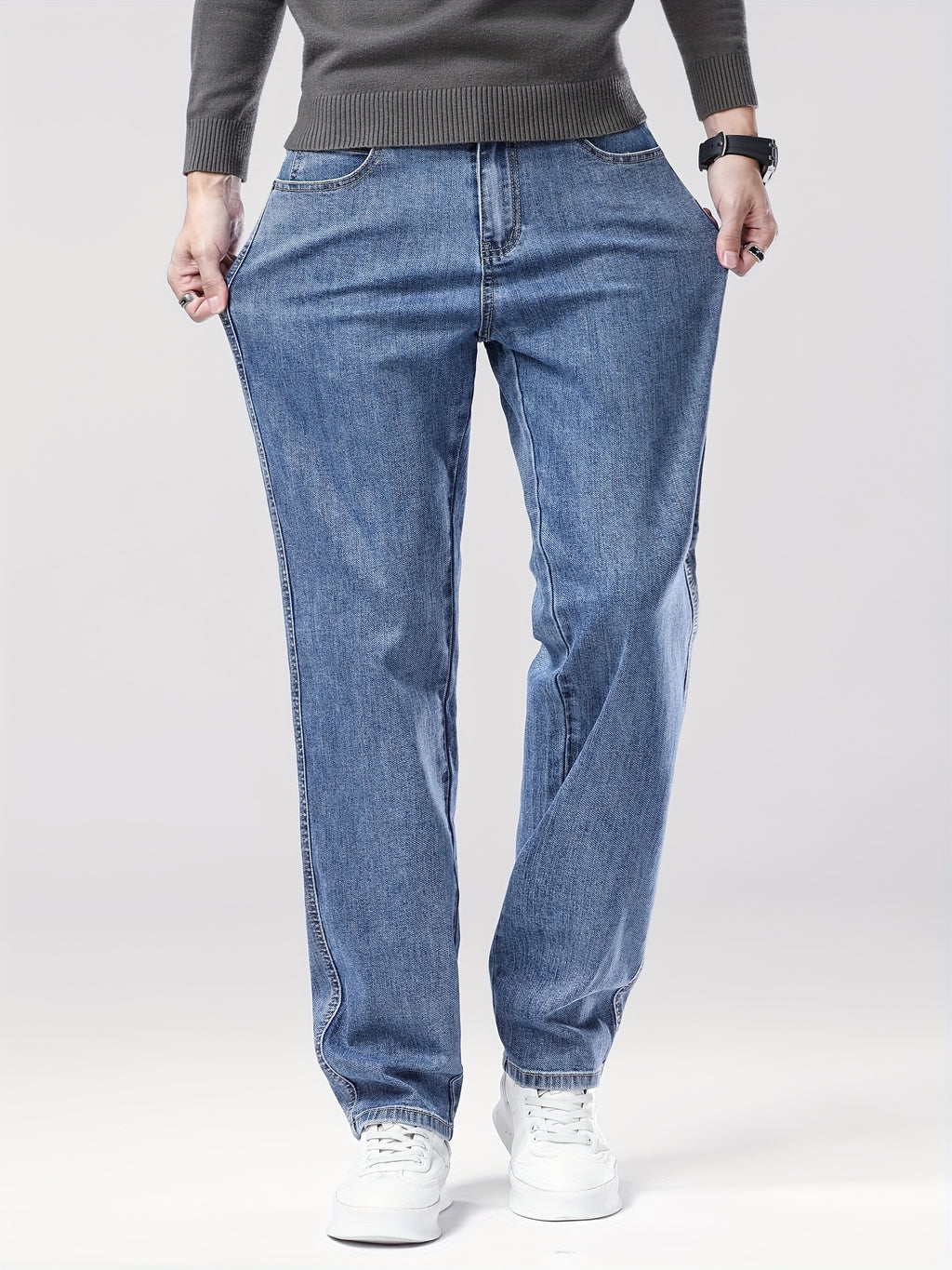 Men'S Classic Straight-Leg Jeans - Stretch Denim, Loose Fit, Breathable & Durable, Black with Brown & White Denim Pants for Casual or Business Wear