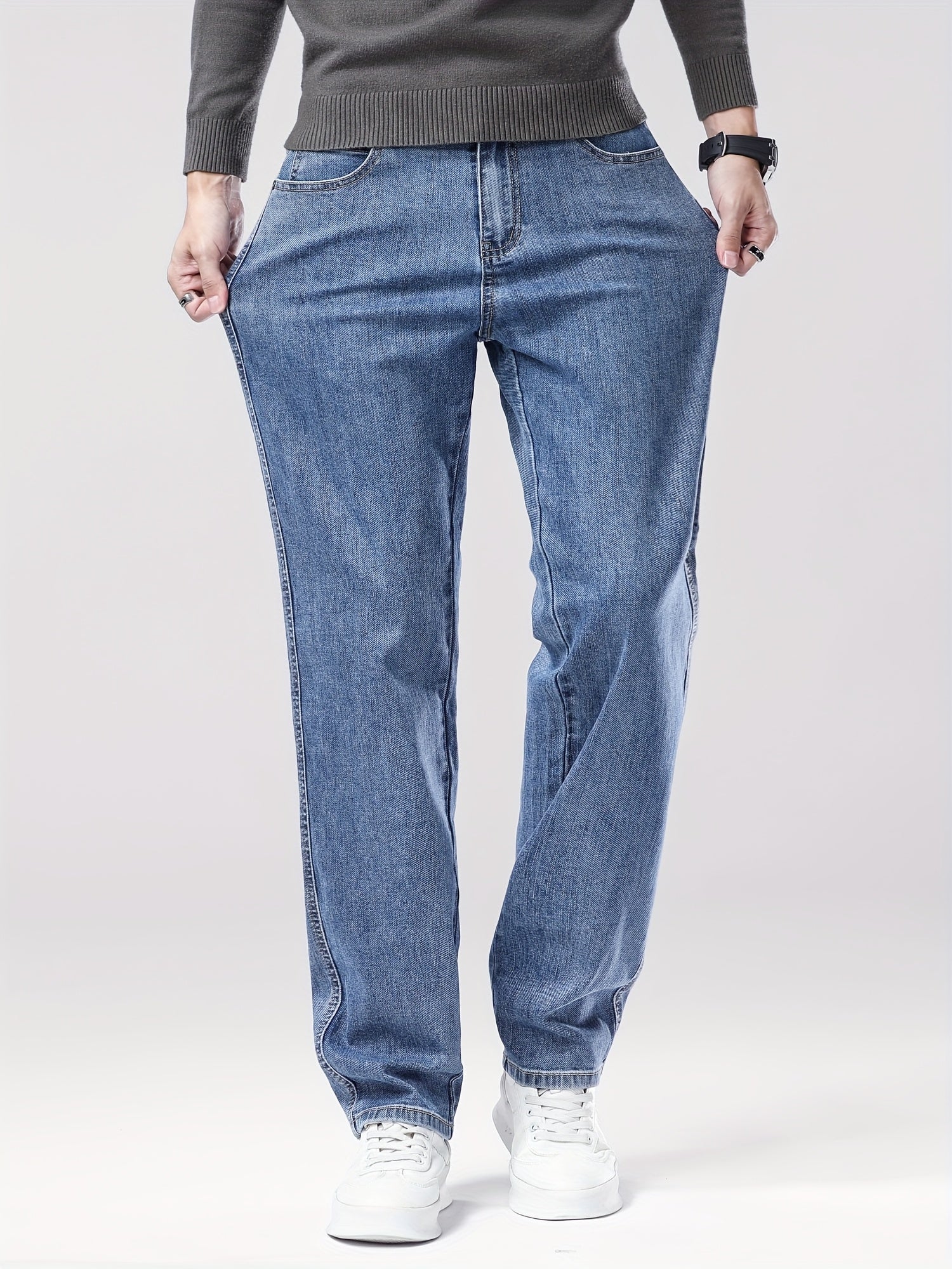 Men'S Classic Straight-Leg Jeans - Stretch Denim, Loose Fit, Breathable & Durable, Black with Brown & White Denim Pants for Casual or Business Wear