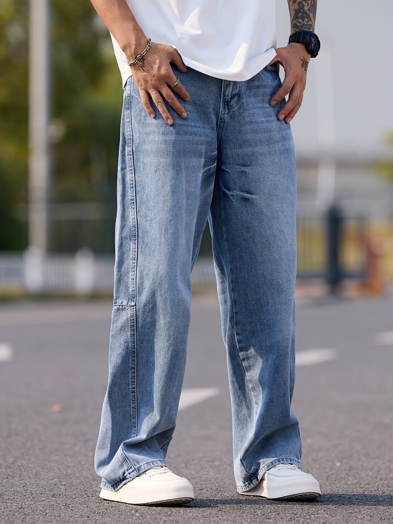 American High Street Deconstructed Stitching Design Loose Jeans, Vintage Wash Wide Leg Pants, Suitable for Men and Women (Without Belt\u002FWithout Accessories)