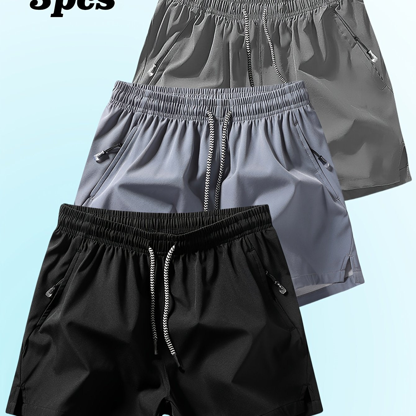 3pcs Men's Casual Athletic Shorts - Breathable, Comfortable, Zippered Pockets, Elastic Waistband, Solid Colors (Blue, Gray, Black) for Fitness, Running & Casual Attire, Running Shorts | Minimalist Shorts | Smooth Texture
