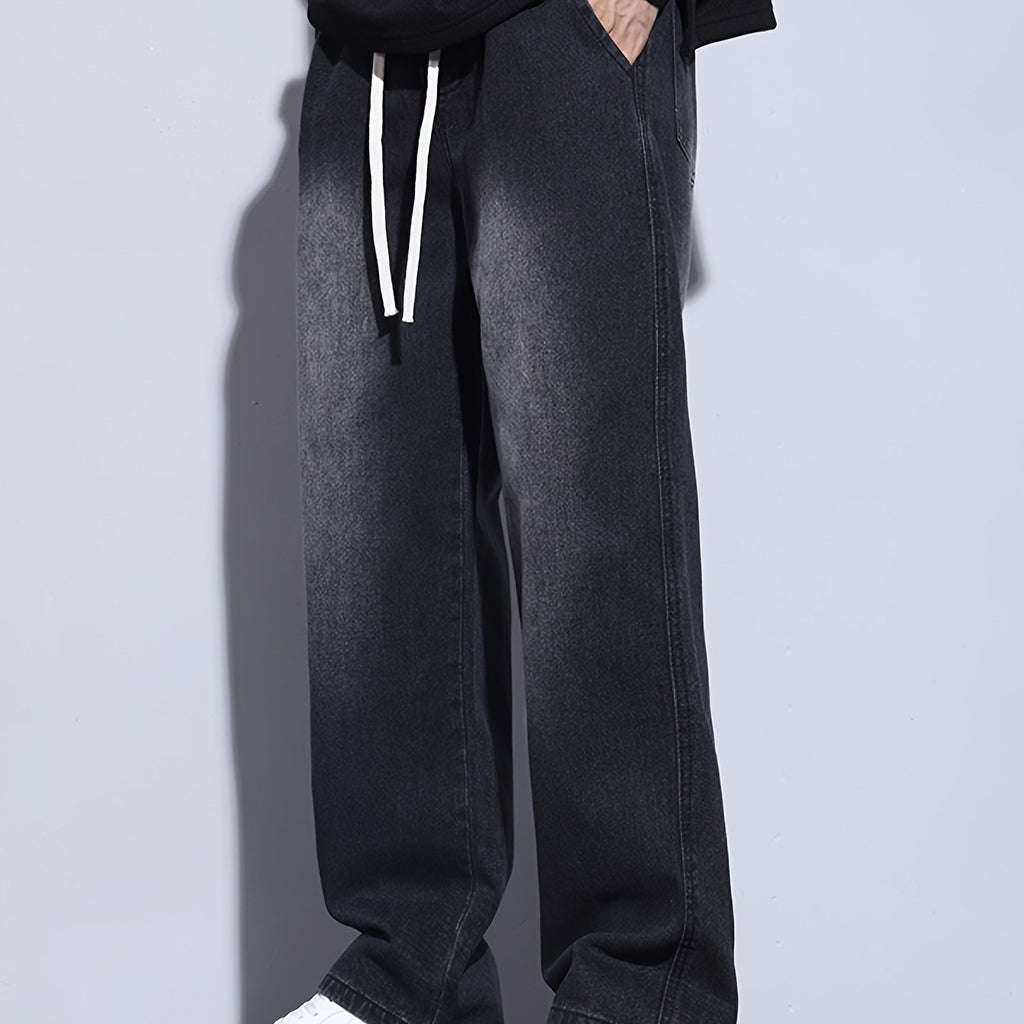 Men's Relaxed Fit Straight-Leg Jeans with Elastic Waistband - Casual & Trendy Denim Pants for All Seasons, Black Cotton Blend, Adjustable Drawstrings, Loose Fit for Casual Attire