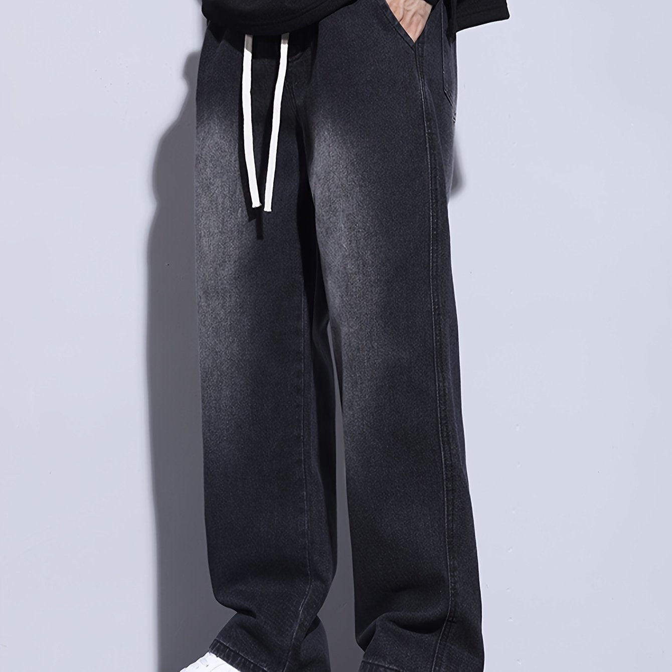 Men's Relaxed Fit Straight-Leg Jeans with Elastic Waistband - Casual & Trendy Denim Pants for All Seasons, Black Cotton Blend, Adjustable Drawstrings, Loose Fit for Casual Attire