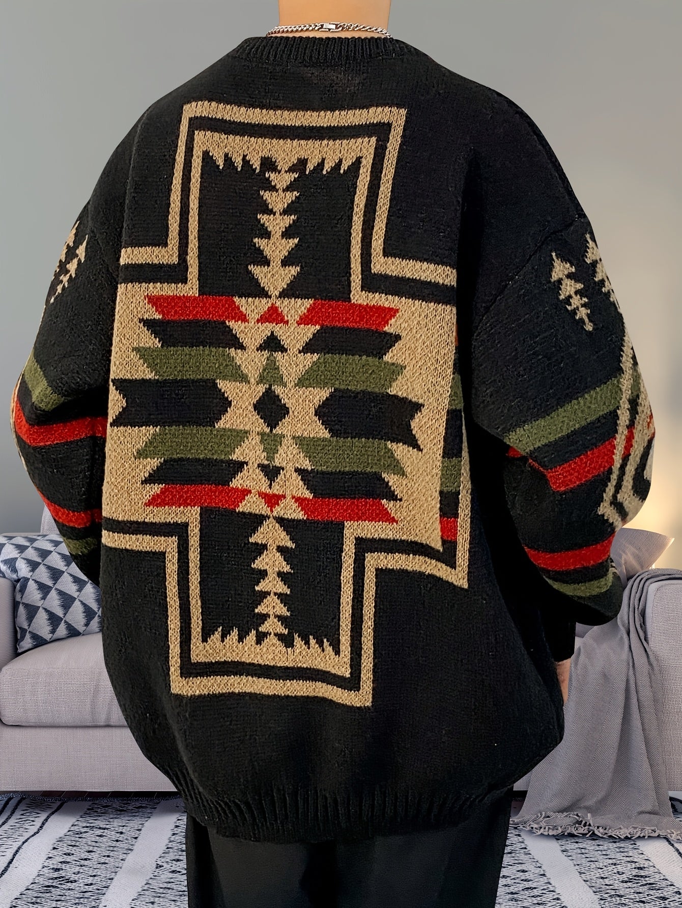 Pull YOUYUCHEN pour Hommes Grande Taille à Motif Géométrique en Tricot - Pull Décontracté Doux et Extensible, Coupe Relâchée avec Col Rond Manches Longues Confort Toutes Saisons, Matière Douce et Confortable, GRANDE TAILLE