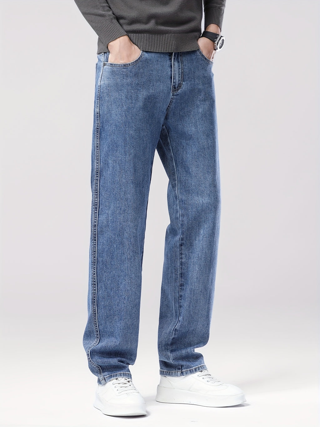 Men'S Classic Straight-Leg Jeans - Stretch Denim, Loose Fit, Breathable & Durable, Black with Brown & White Denim Pants for Casual or Business Wear