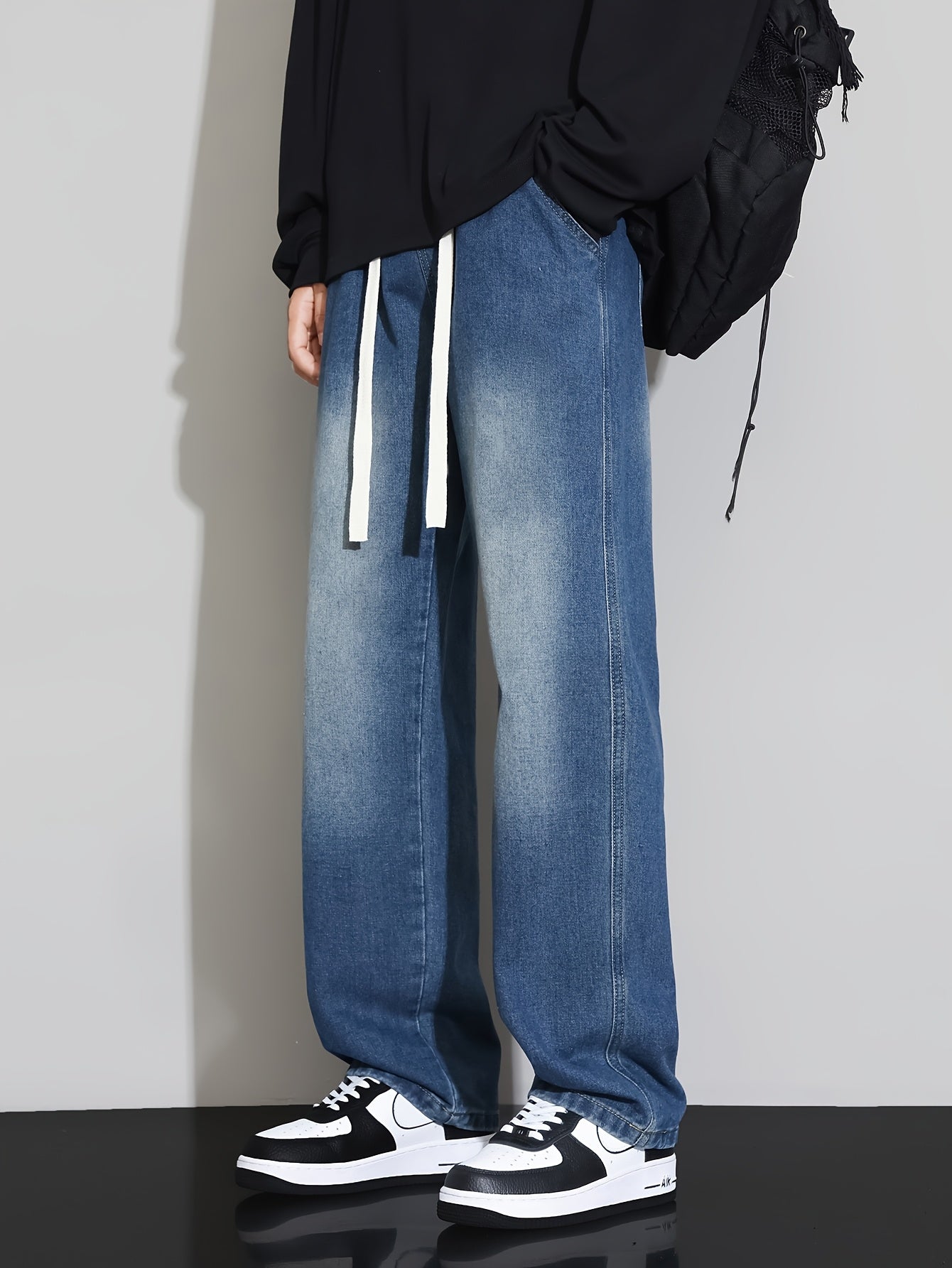 Men's Relaxed Fit Straight-Leg Jeans with Elastic Waistband - Casual & Trendy Denim Pants for All Seasons, Black Cotton Blend, Adjustable Drawstrings, Loose Fit for Casual Attire