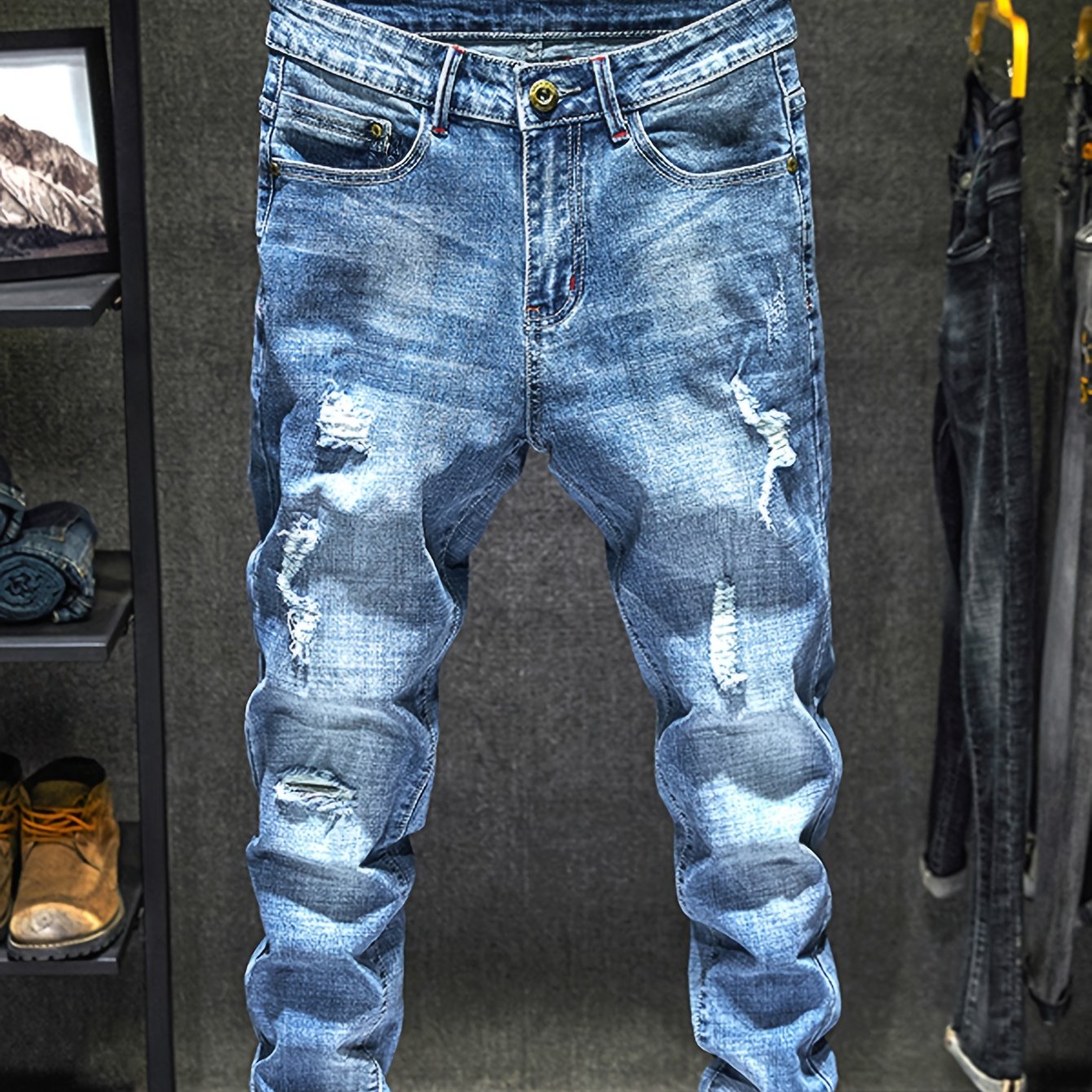 Men's Casual Regular Jeans, Street Style Chic Stretch Denim Pants