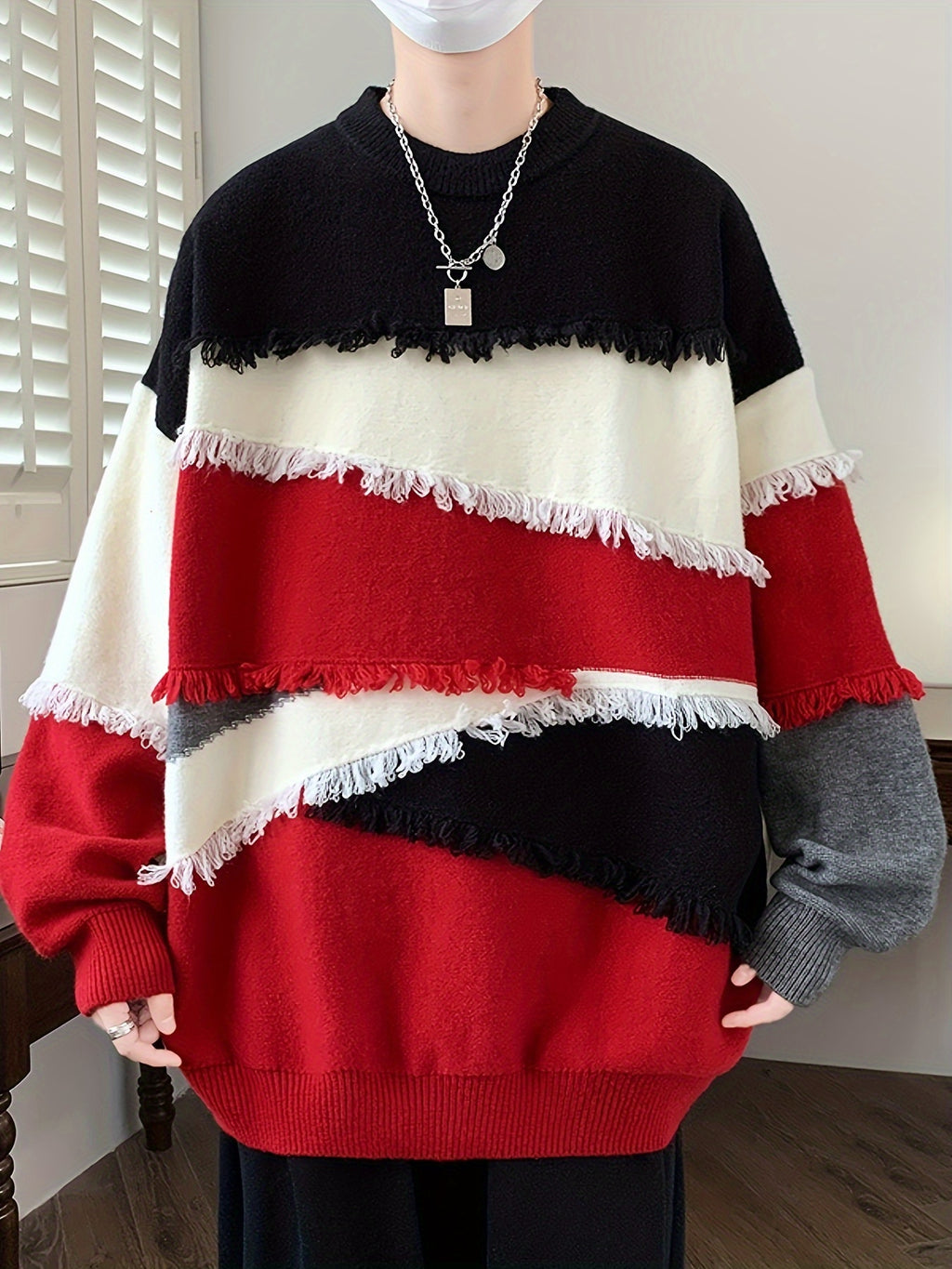 Pullover tricoté effiloché à blocs de couleurs pour hommes, pull décontracté à col rond à manches longues et haute élasticité pour l'automne et l'hiver
