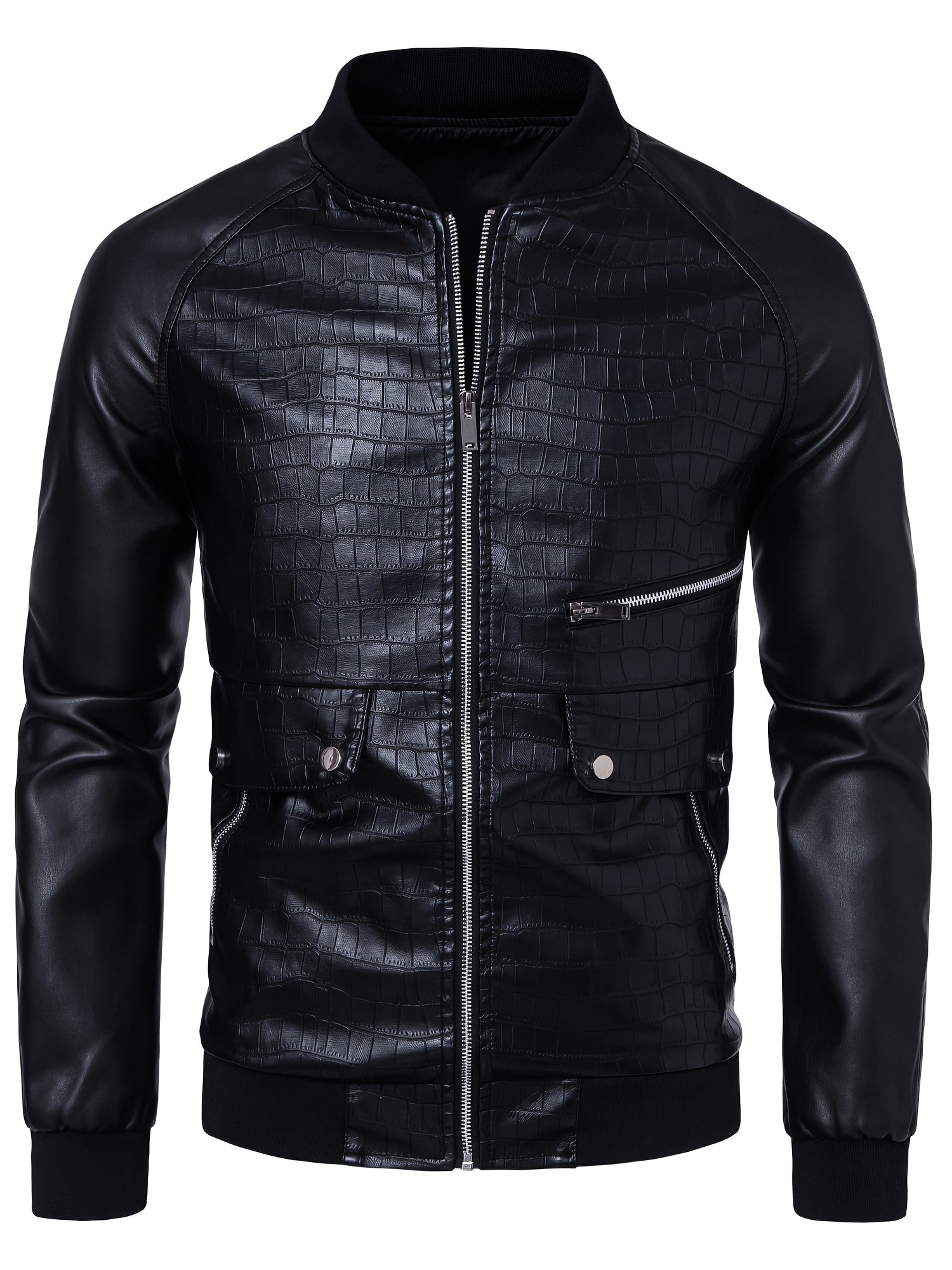 Men's Stylish Black PU Leather Jacket with Zipper Design, Baseball Collar & Crocodile Texture - Perfect for Casual Outings & Outdoor Adventures
