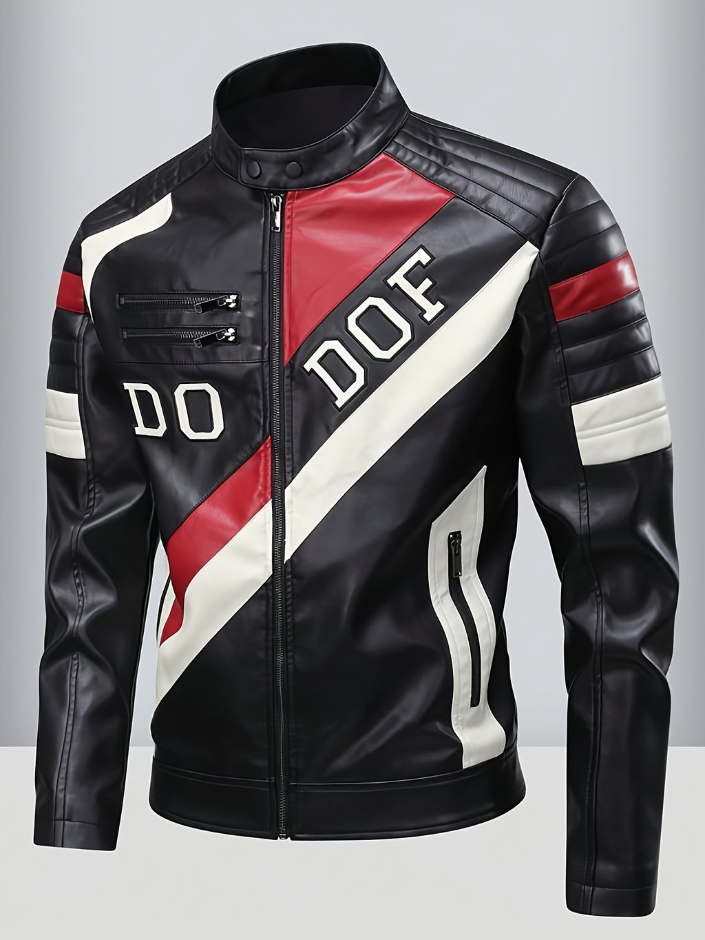 Men's Stylish PU Leather Biker Jacket - Black & Red Color Block Design with \