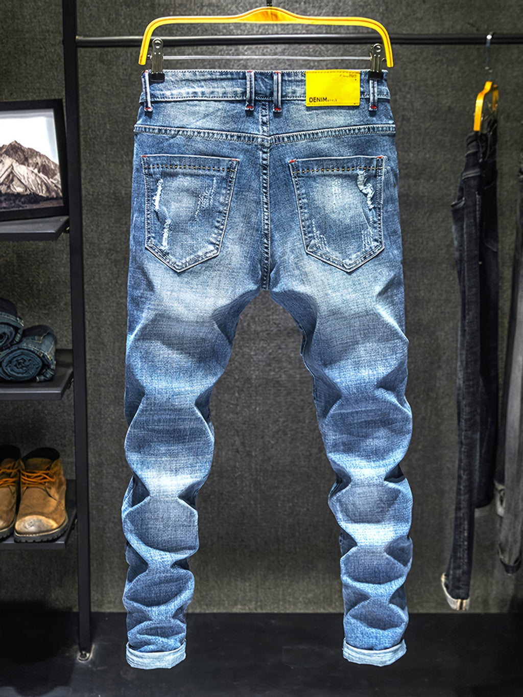 Men's Casual Regular Jeans, Street Style Chic Stretch Denim Pants