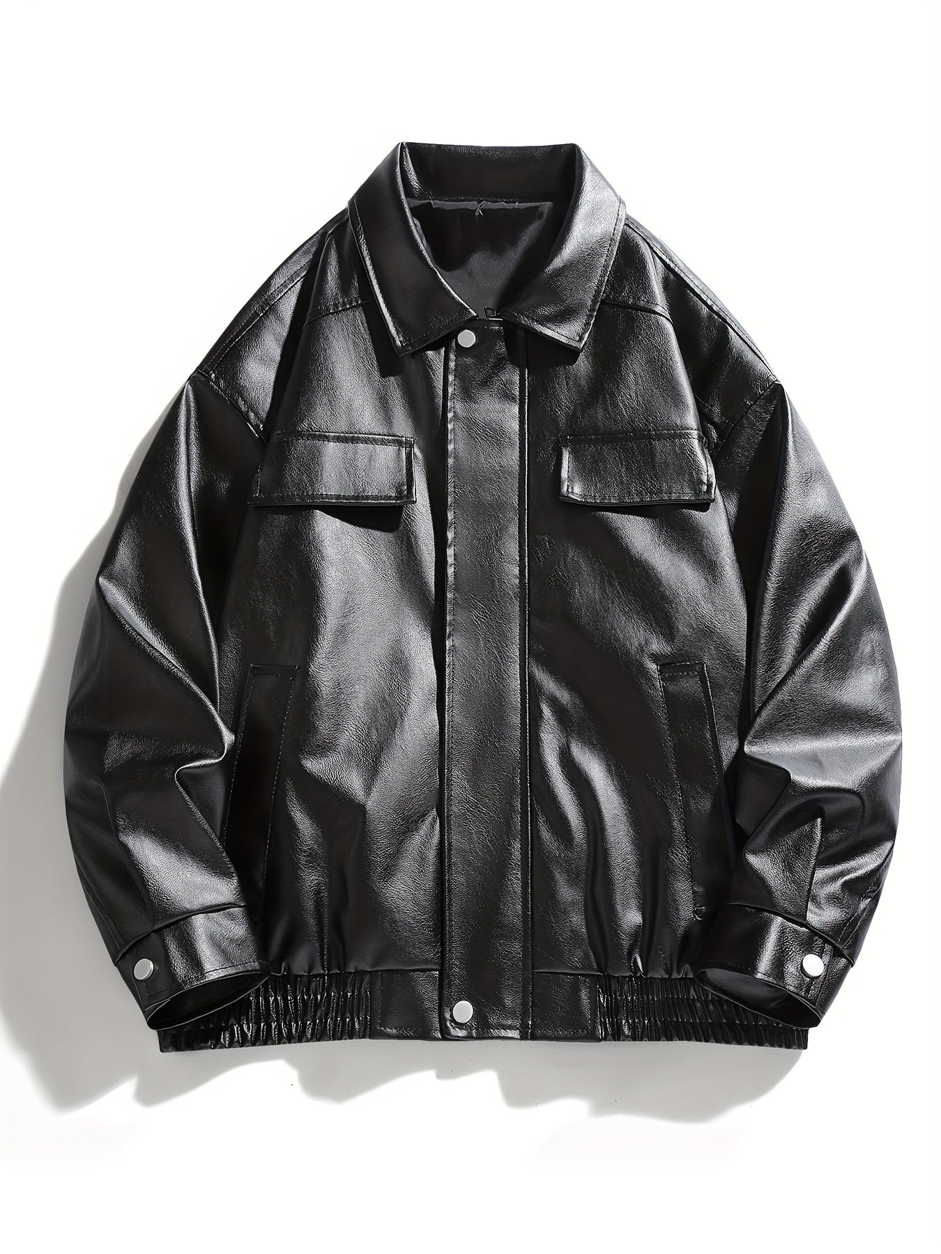 AWESOME BIRD Men's Retro PU Leather Jacket - Casual Street Style, Black Smooth Finish, Long Sleeve with Flap Pockets, Zip-Up Closure, Machine Washable, Polyester Blend