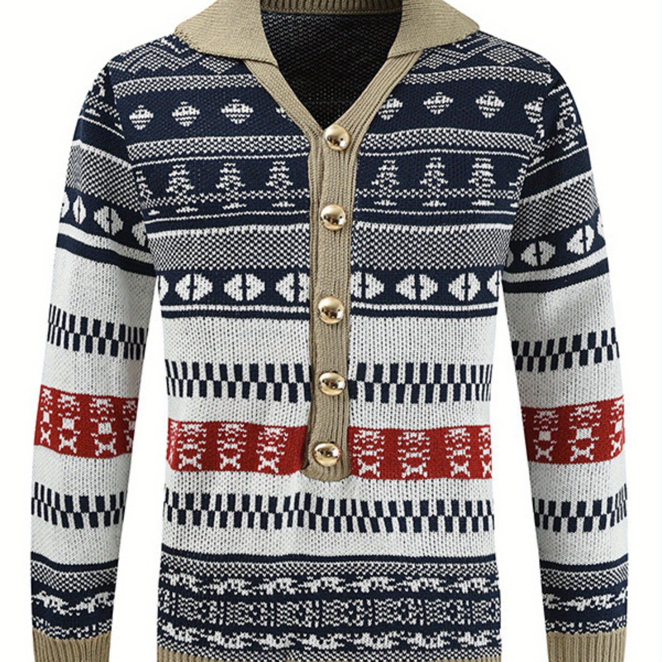 Pull à manches longues décontracté pour homme - Bleu marine avec motif de vacances, coupe ample, col rond, mélange de polyester, vêtements d'automne et d'hiver, pull de vacances | Cardigan à motif | Mélange de polyester, tricot