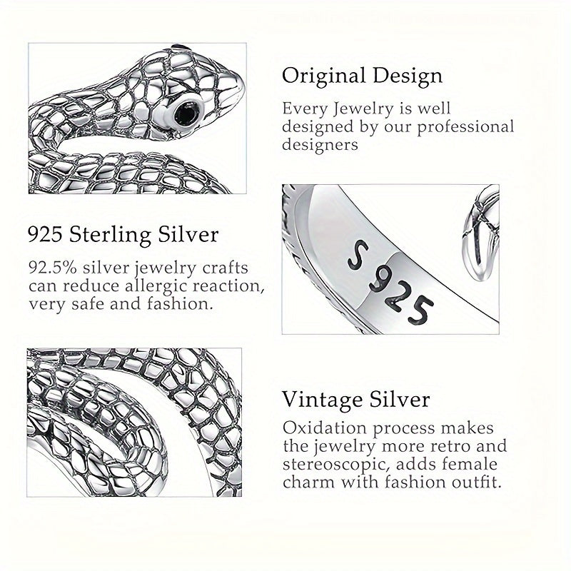 1pc Vintage Punk Style Adjustable Snake Ring for Women and Men, 925 Sterling Silver, Hypoallergenic, 4g, Daily Wear Jewelry