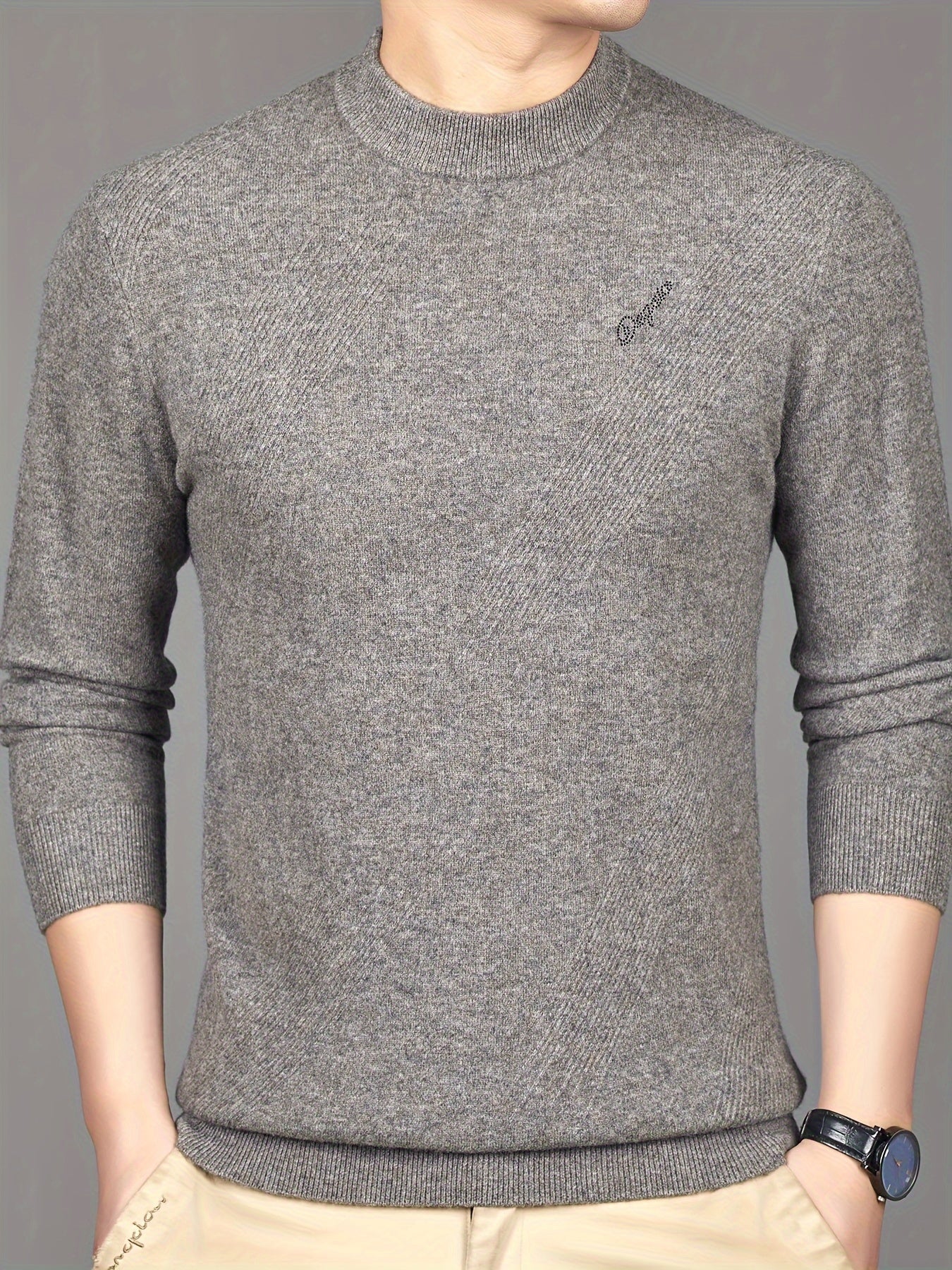 Pull-over Thermique Homme 100% Laine - Design Asymétrique à Rayures, Coupe Slim, Vert Foncé pour Automne\u002FHiver, Lavage à la Main\u002FNettoyage à Sec, Tricot, Vêtement d'Hiver