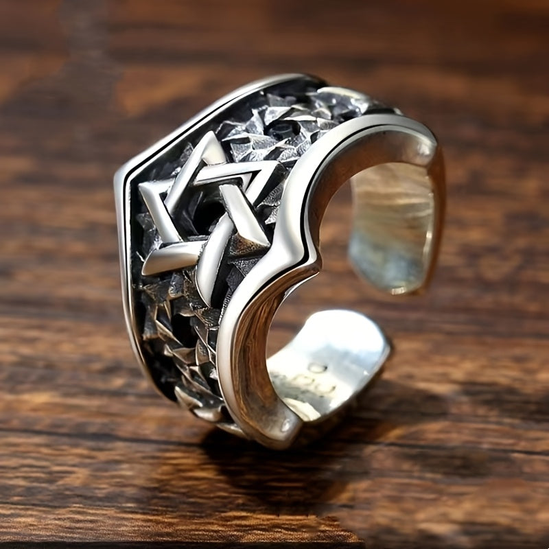 Approx. 4g of Total Weight 1pc Women'S Fashion Wide Band Ring; 925 Pure Silvery Hollow Retro Hip Hop Hexagram Star Adjustable Ring Niche Design Men'S and Women'S Ring; Suitable for Party Activities; Suitable for Giving to Lovers, Friends and Family